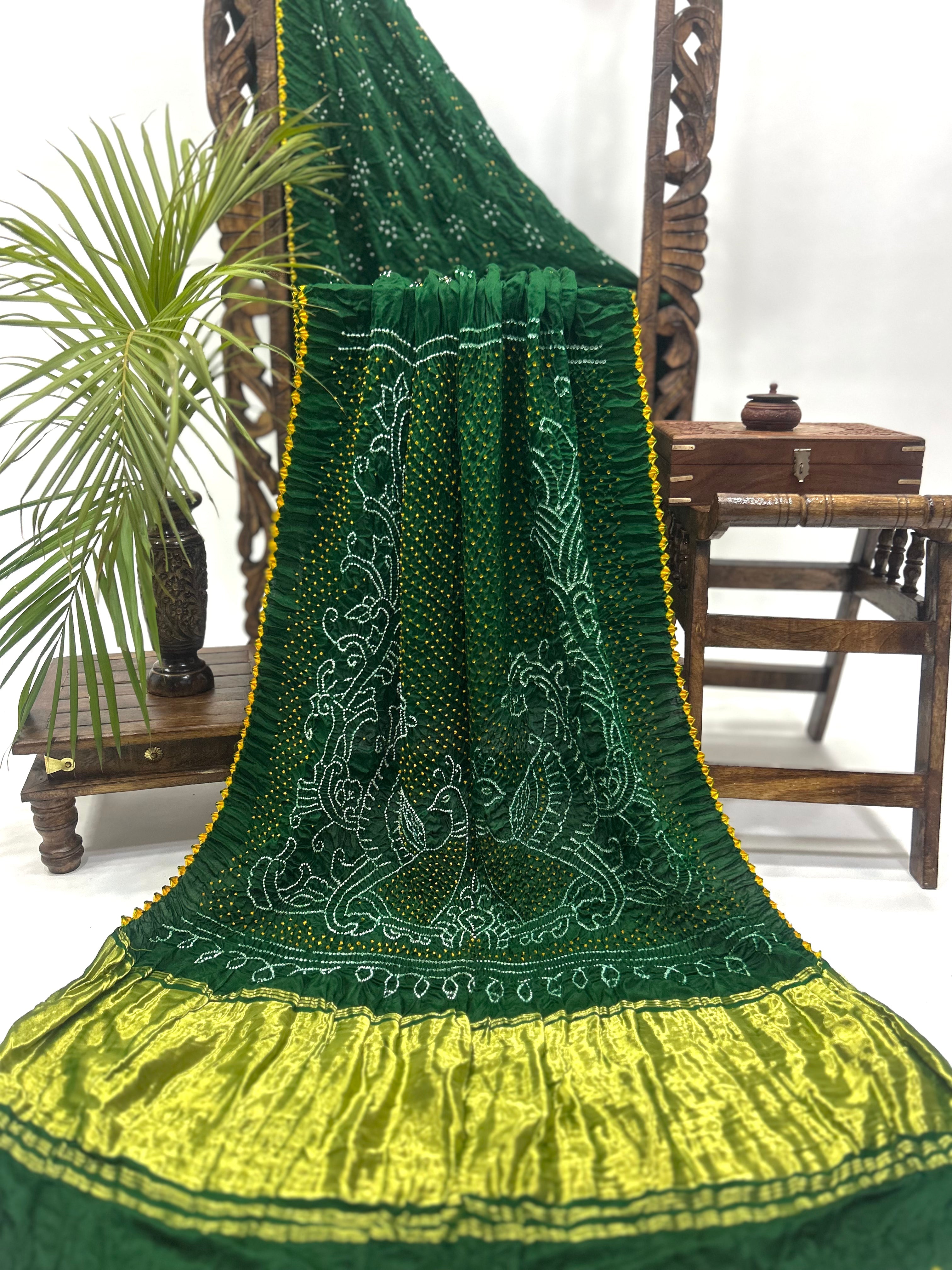 Green Mor Palav Gajji Designer Bandhani Saree Sarees