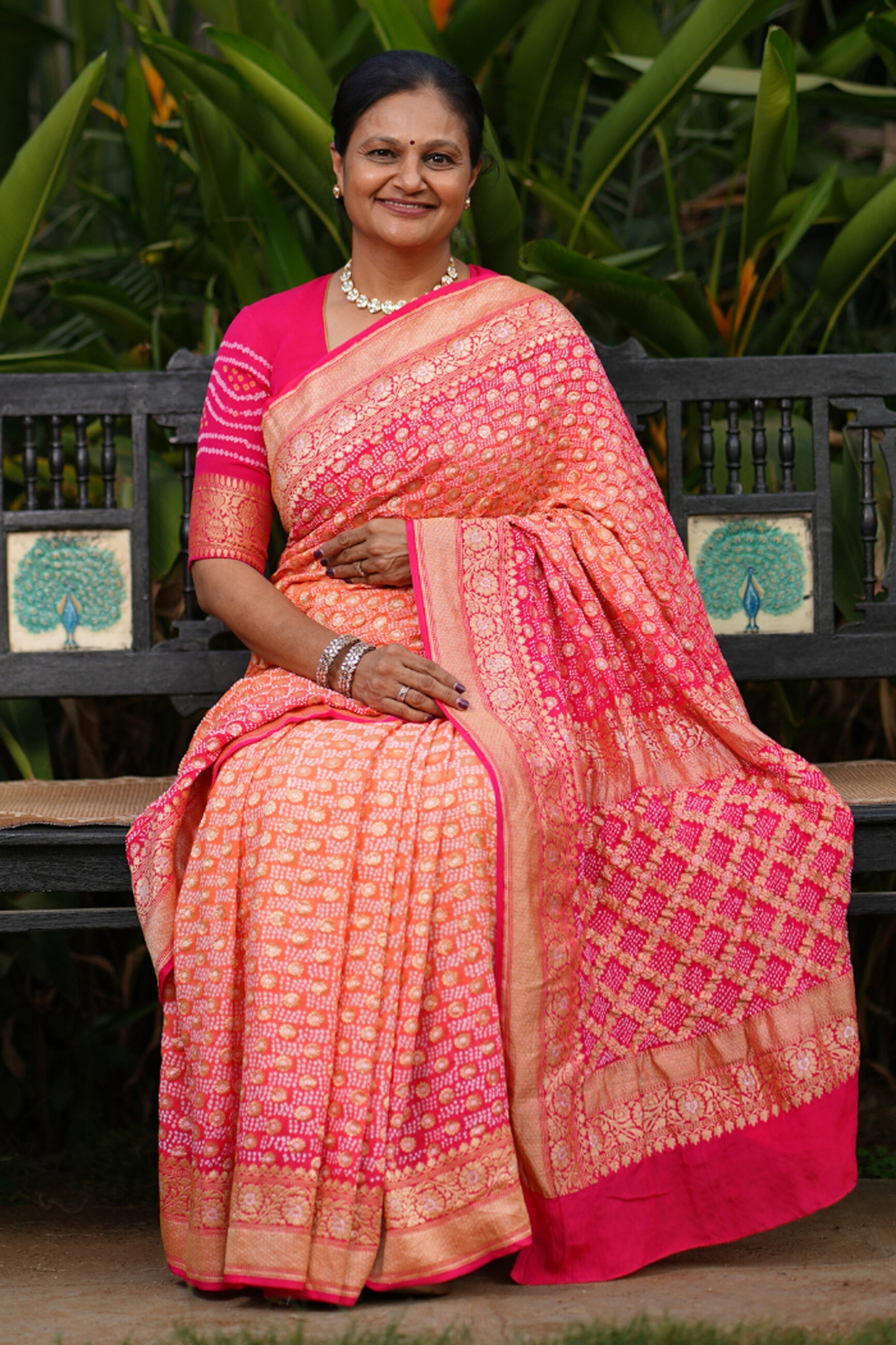 Orange And Strawberry Pink Georgette Banarasi Handloom Saree Sarees