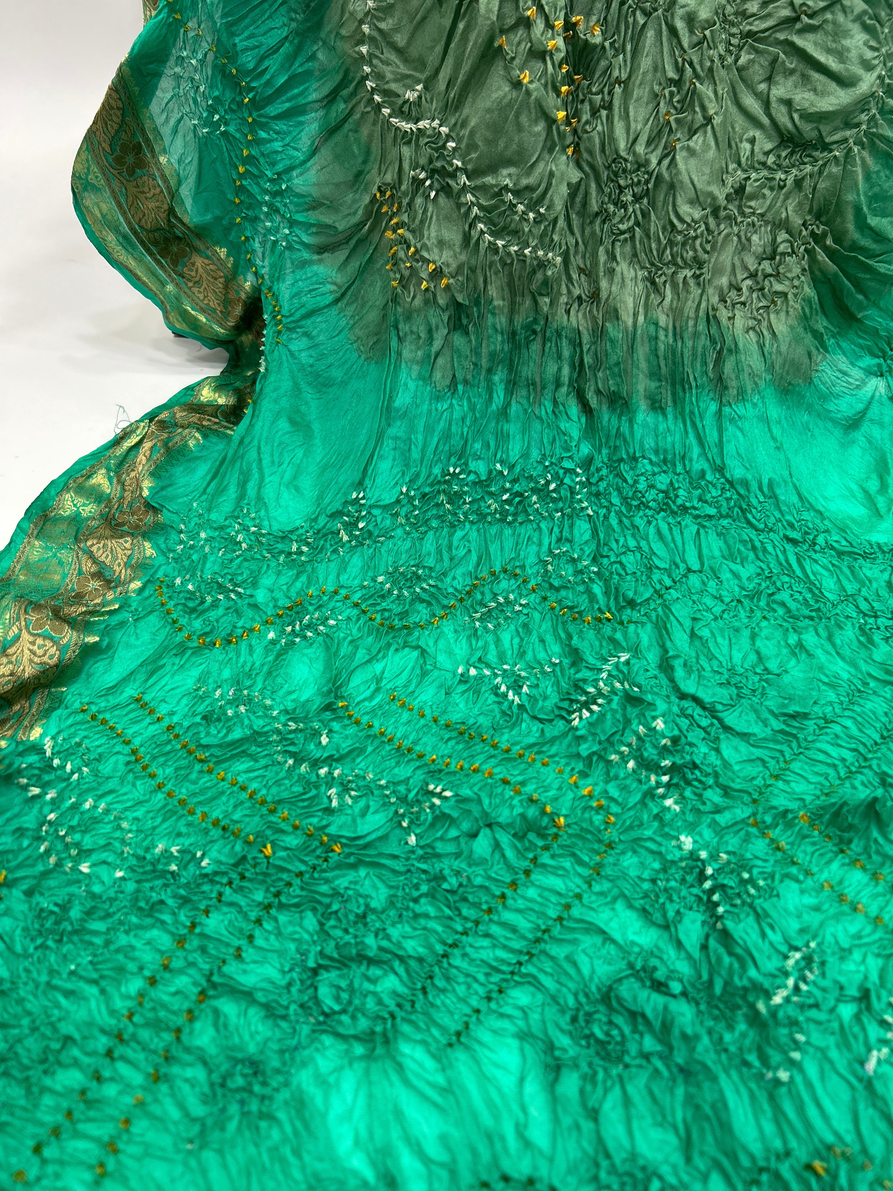 Olive & Sea Green Soft Silk Resham Palav Bandhani Saree mediumseagreen / Soft Silk Sarees