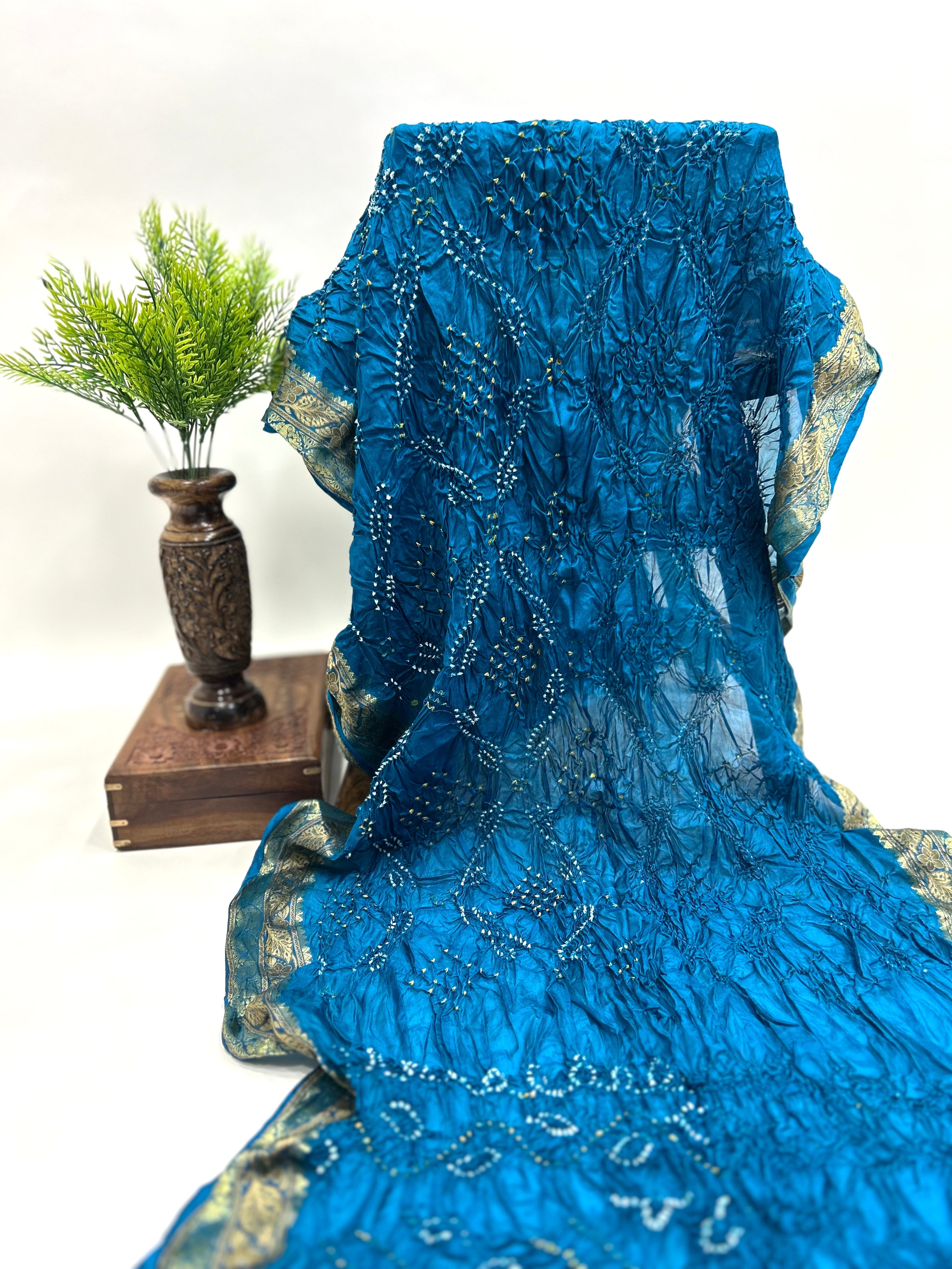 Indigo Soft Silk Resham Border Bandhani Saree dodgerblue / Soft Silk Sarees