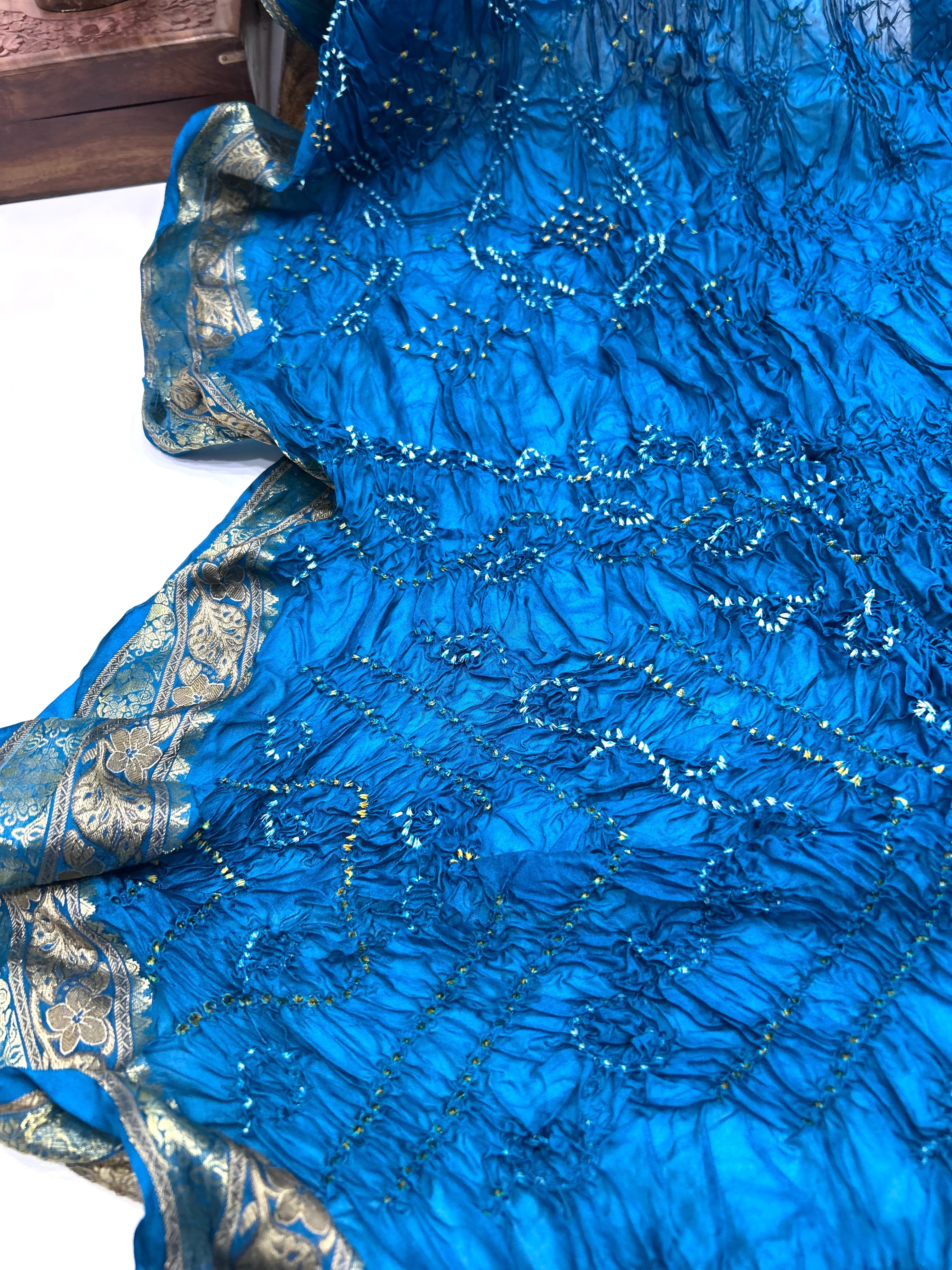 Indigo Soft Silk Resham Border Bandhani Saree dodgerblue / Soft Silk Sarees