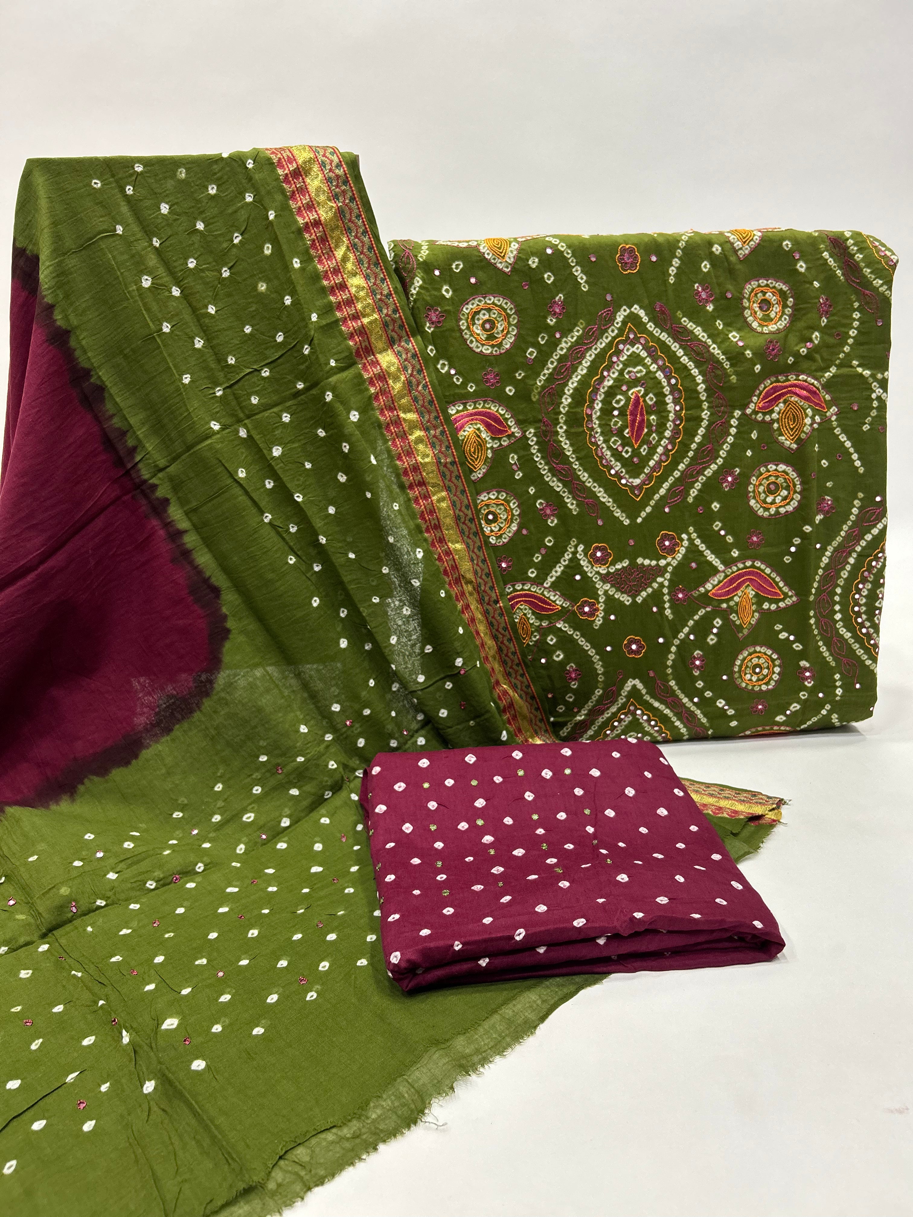 Mehendi Green-Maroon Cotton Fancy Work Bandhani Dress Material Sankalp The Bandhej Shoppe Mehendi Green-Maroon Cotton Fancy Work Bandhani Dress Material Sankalp The Bandhej Shoppe