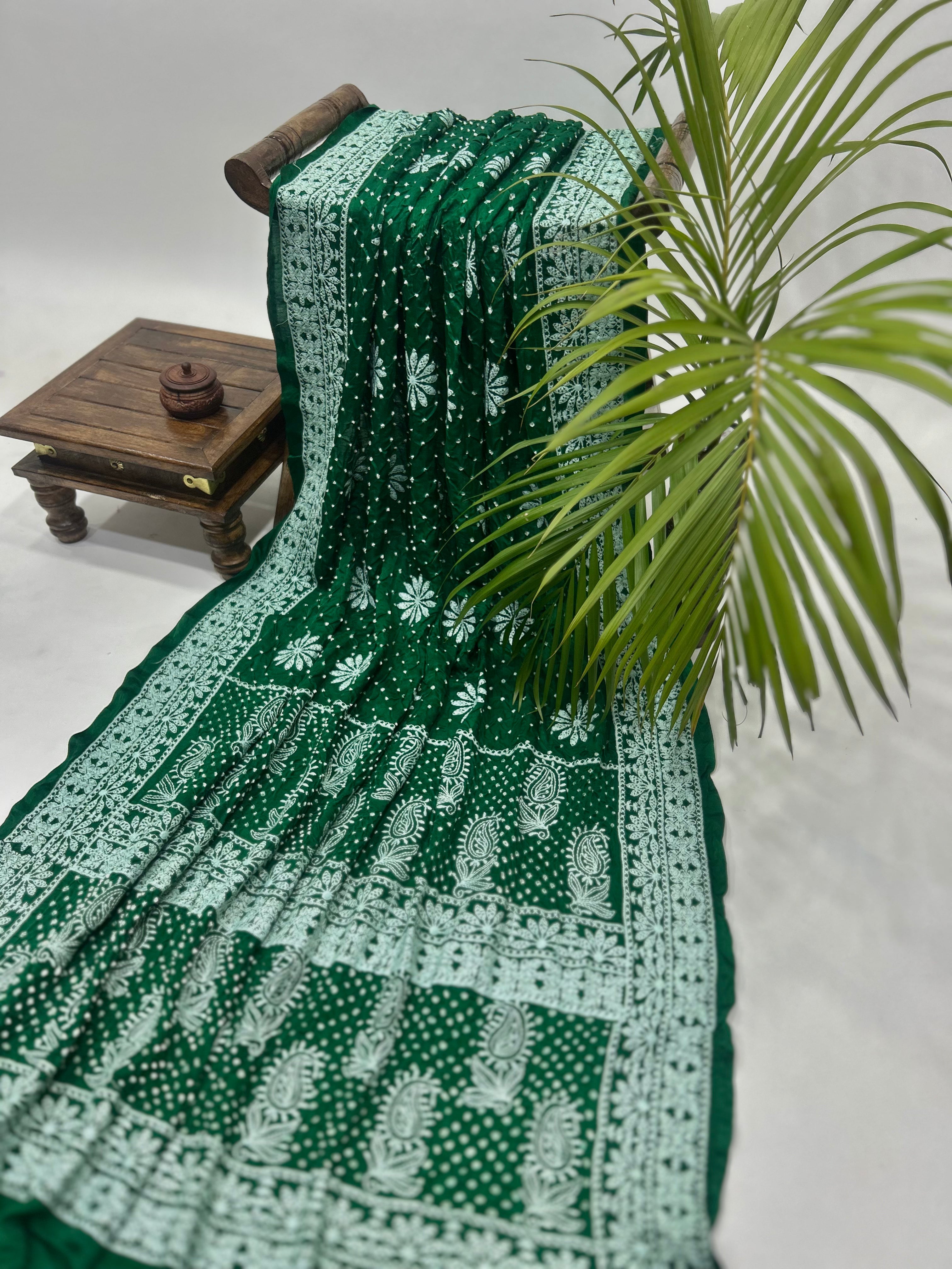 Dark Green Gajji Silk Lucknowi Heritage Drape Saree Sarees