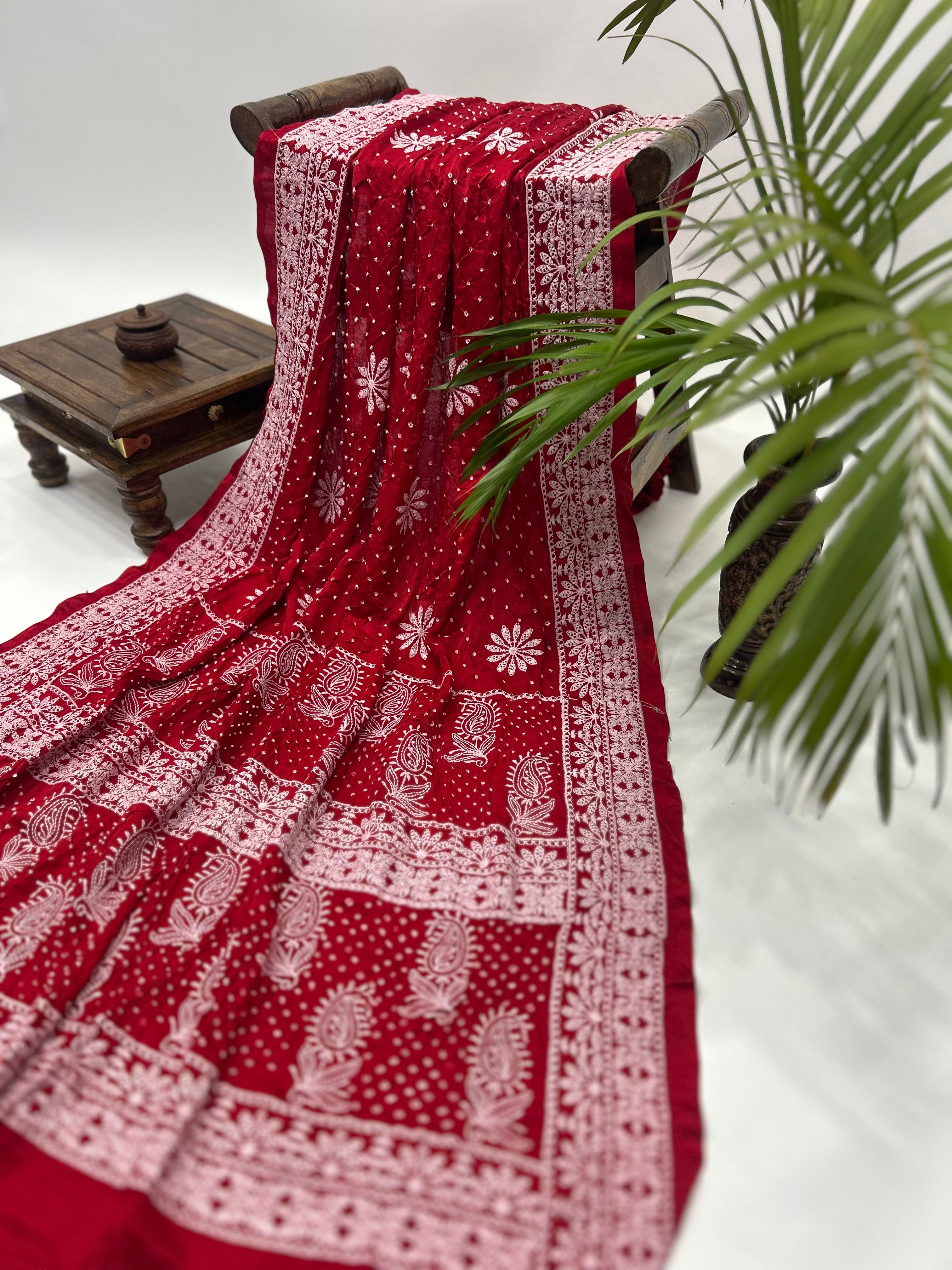 Nawabi Style Lucknowi Bandhani Silk Maroon Saree Sarees