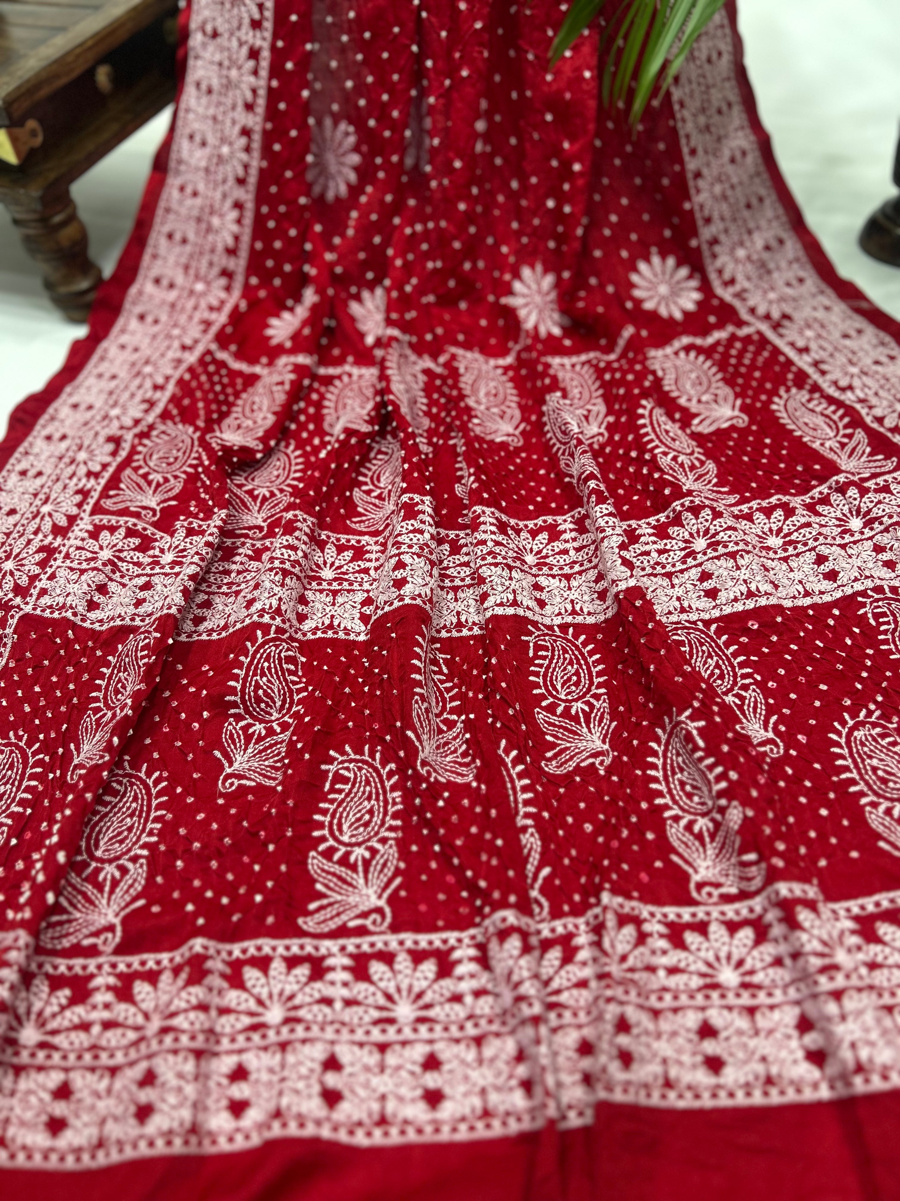 Nawabi Style Lucknowi Bandhani Silk Maroon Saree Sarees