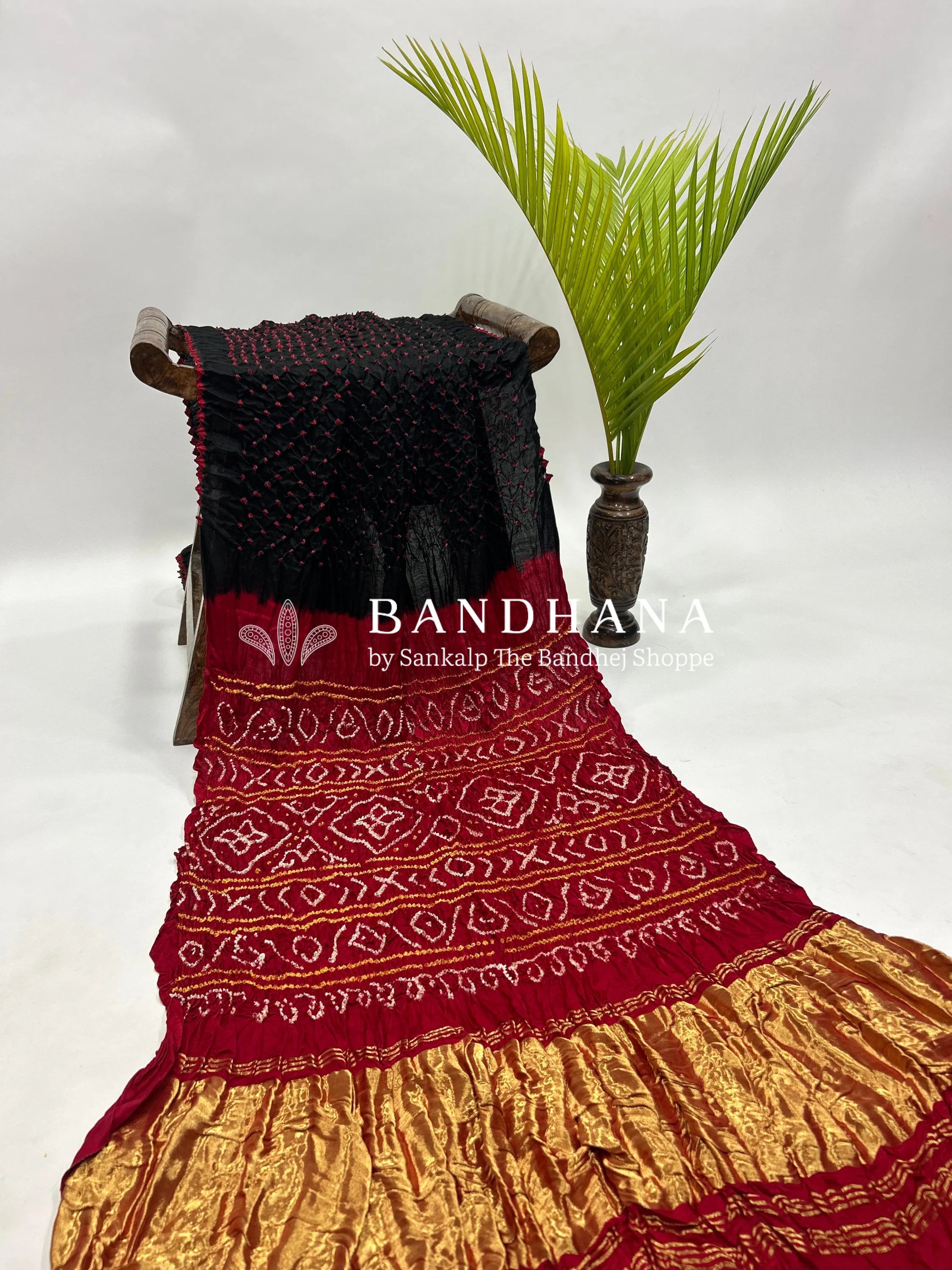 Black Maroon Gajji Silk Contrast Colour Bandhej Single Dot Bandhani Saree Sarees