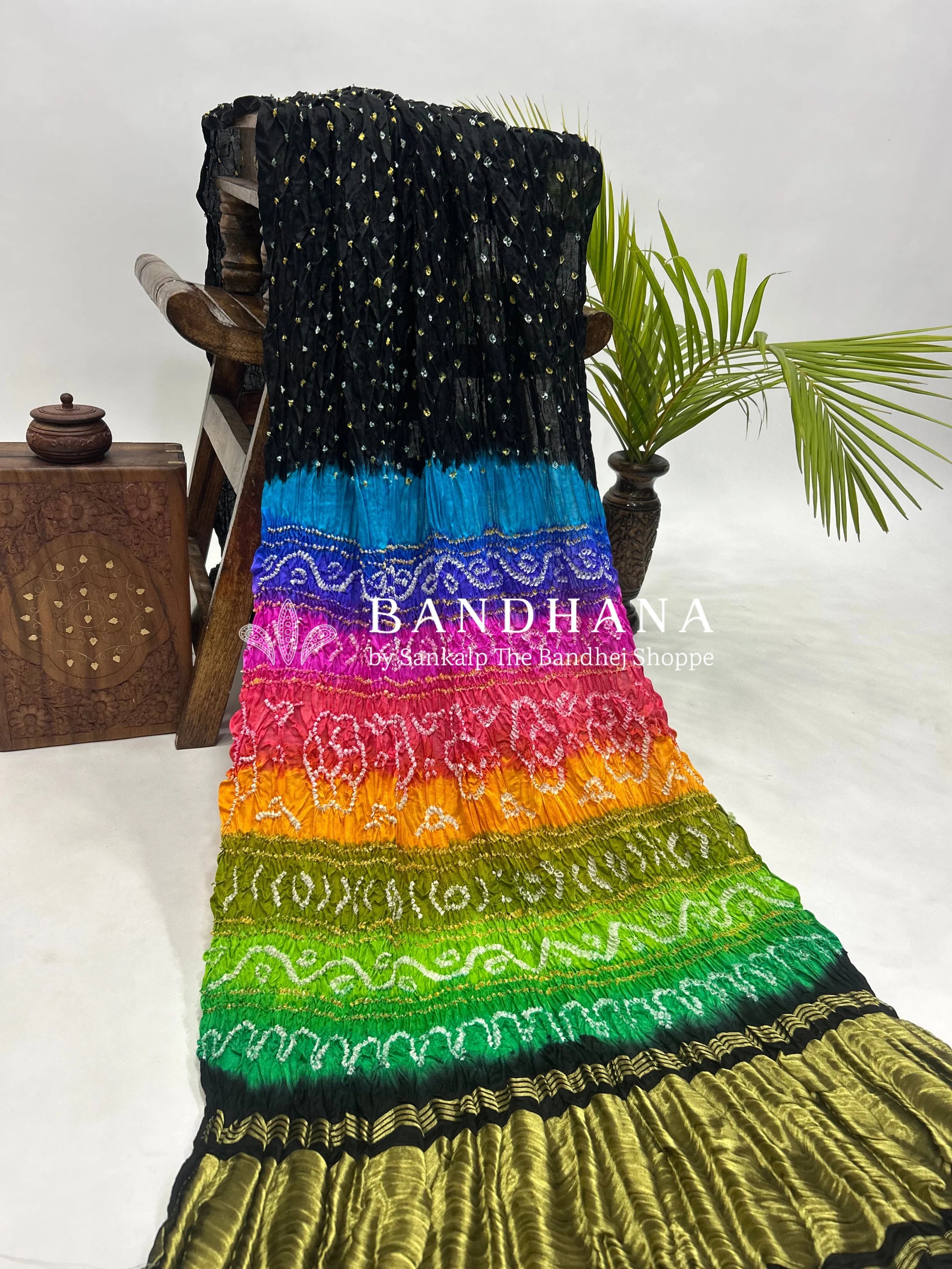 Black Multi Colour Palav Gajji Silk Single Dot Bandhani Saree Sarees