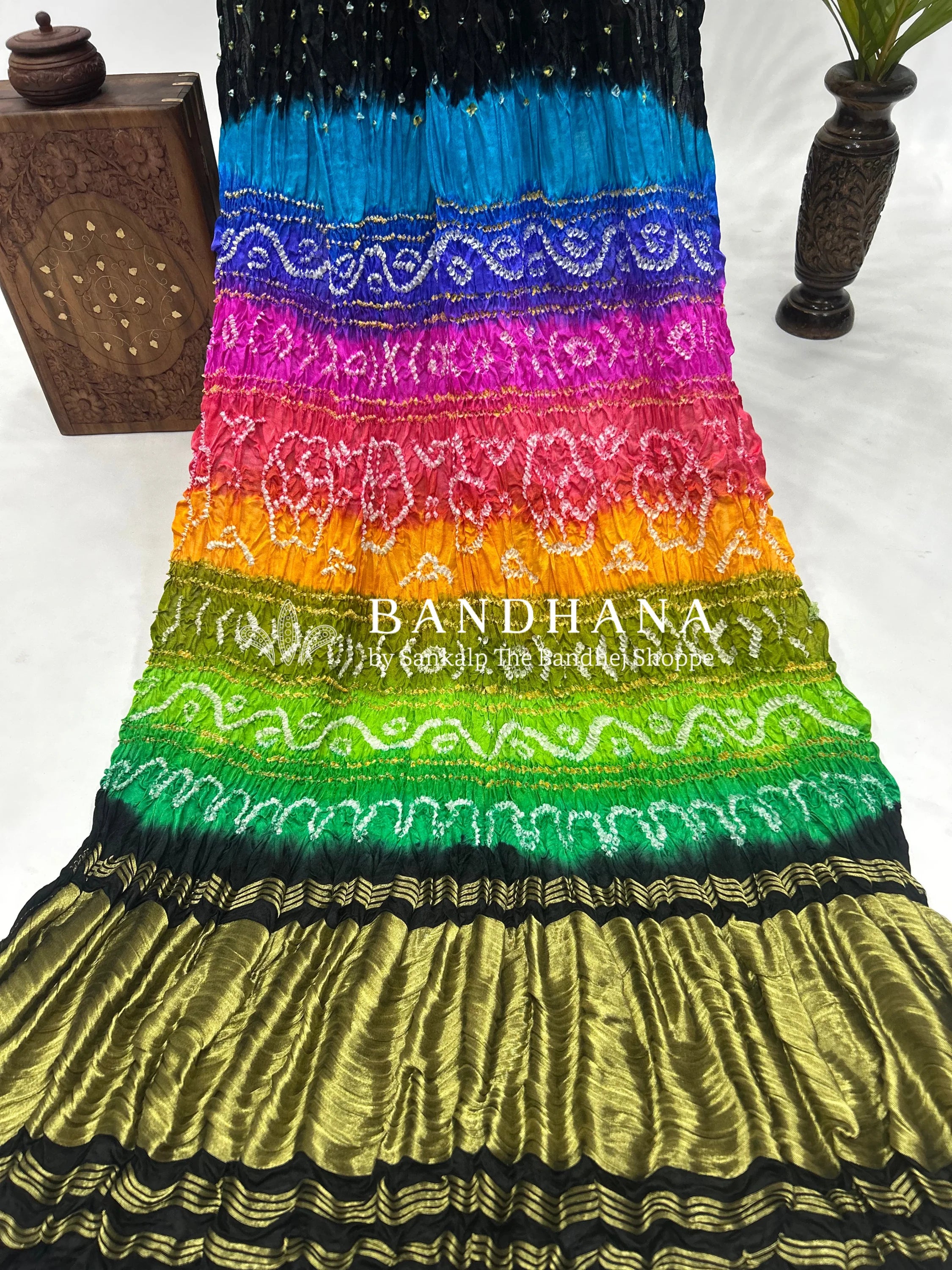 Black Multi Colour Palav Gajji Silk Single Dot Bandhani Saree Sarees