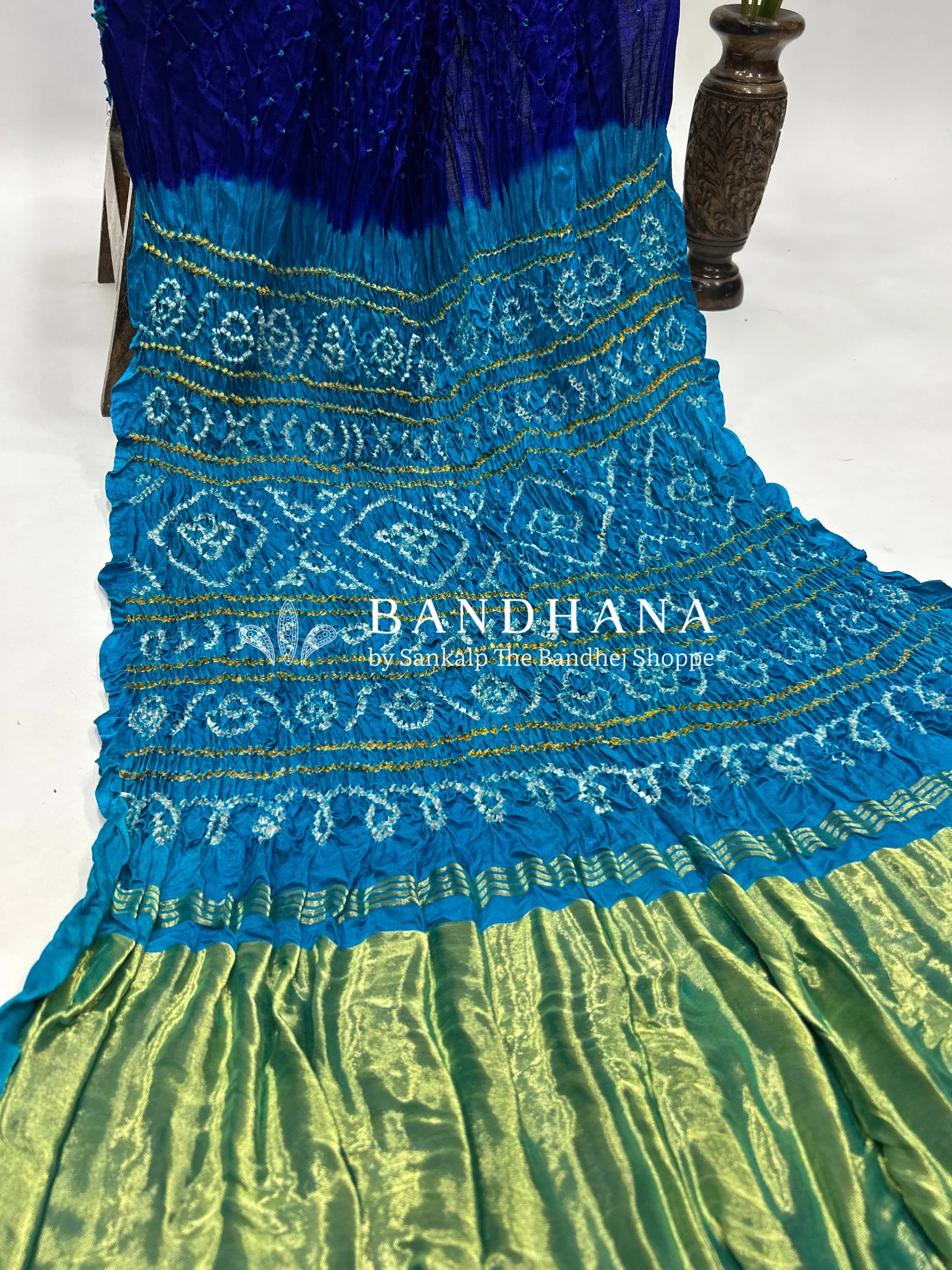 Blue Firozy Gajji Silk Contrast Colour Bandhej Single Dot Bandhani Saree Sarees