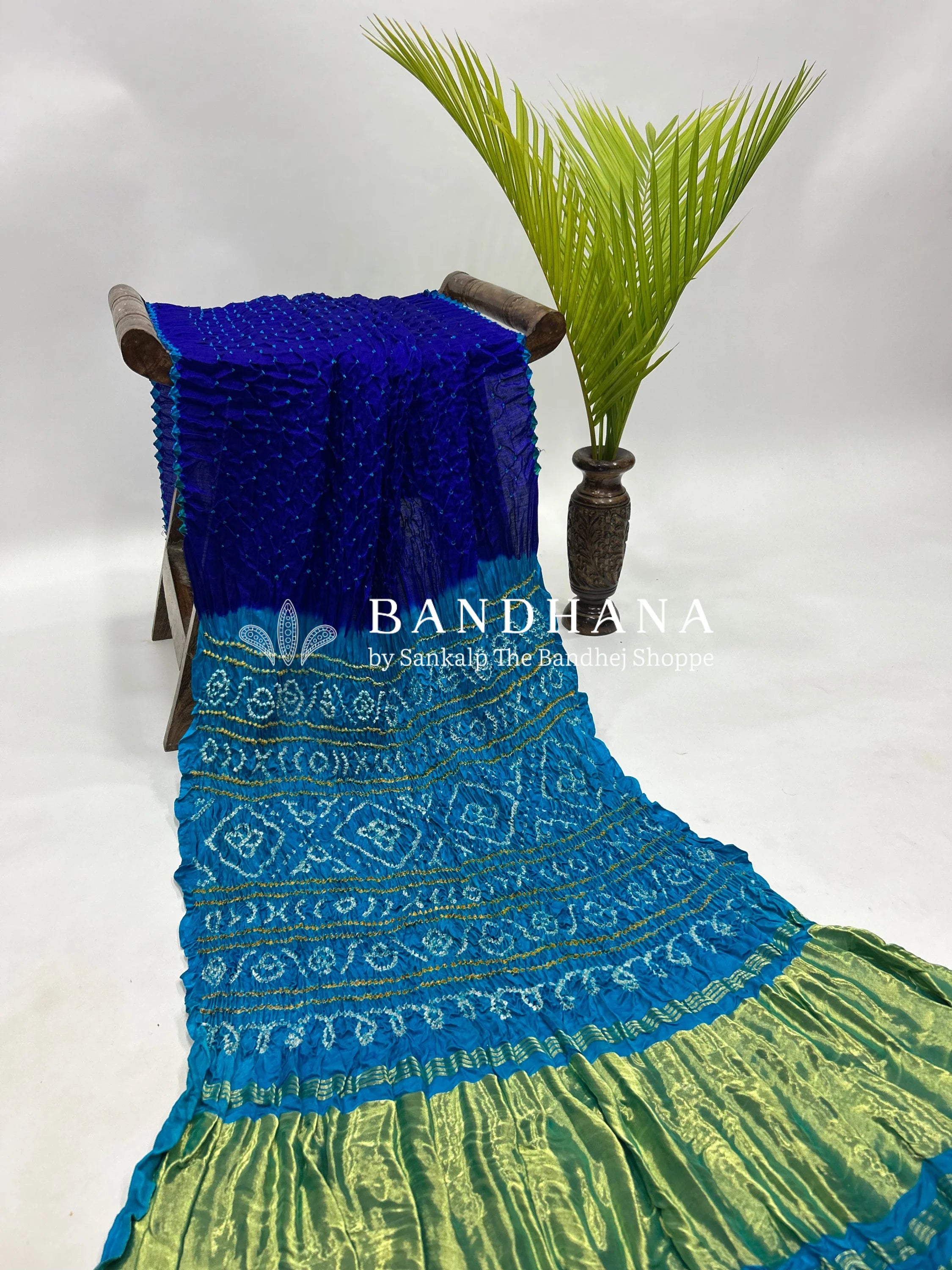 Blue Firozy Gajji Silk Contrast Colour Bandhej Single Dot Bandhani Saree Sarees