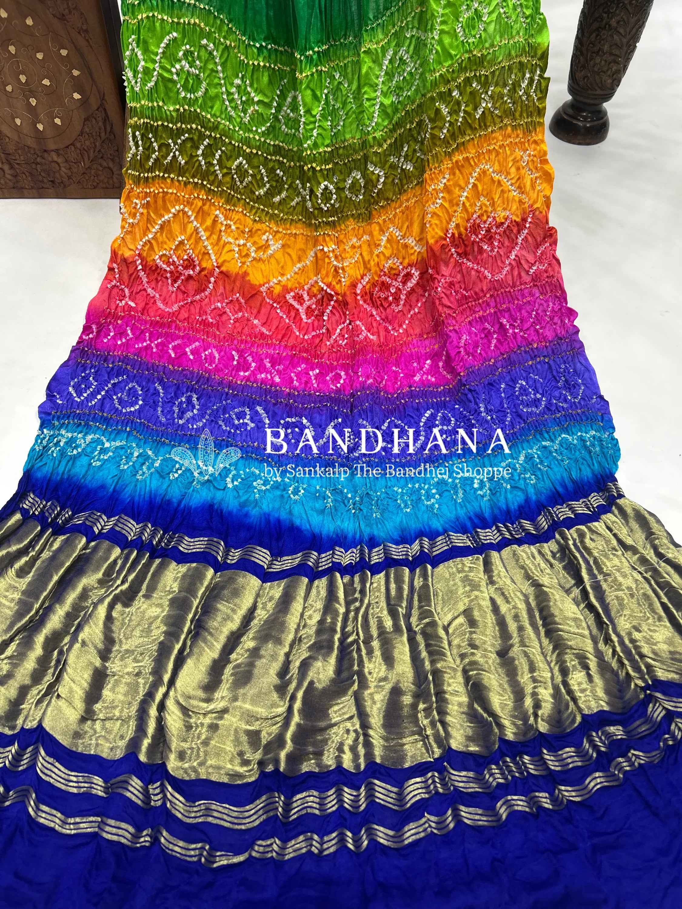 Blue Multi Colour Palav Gajji Silk Single Dot Bandhani Saree Sarees