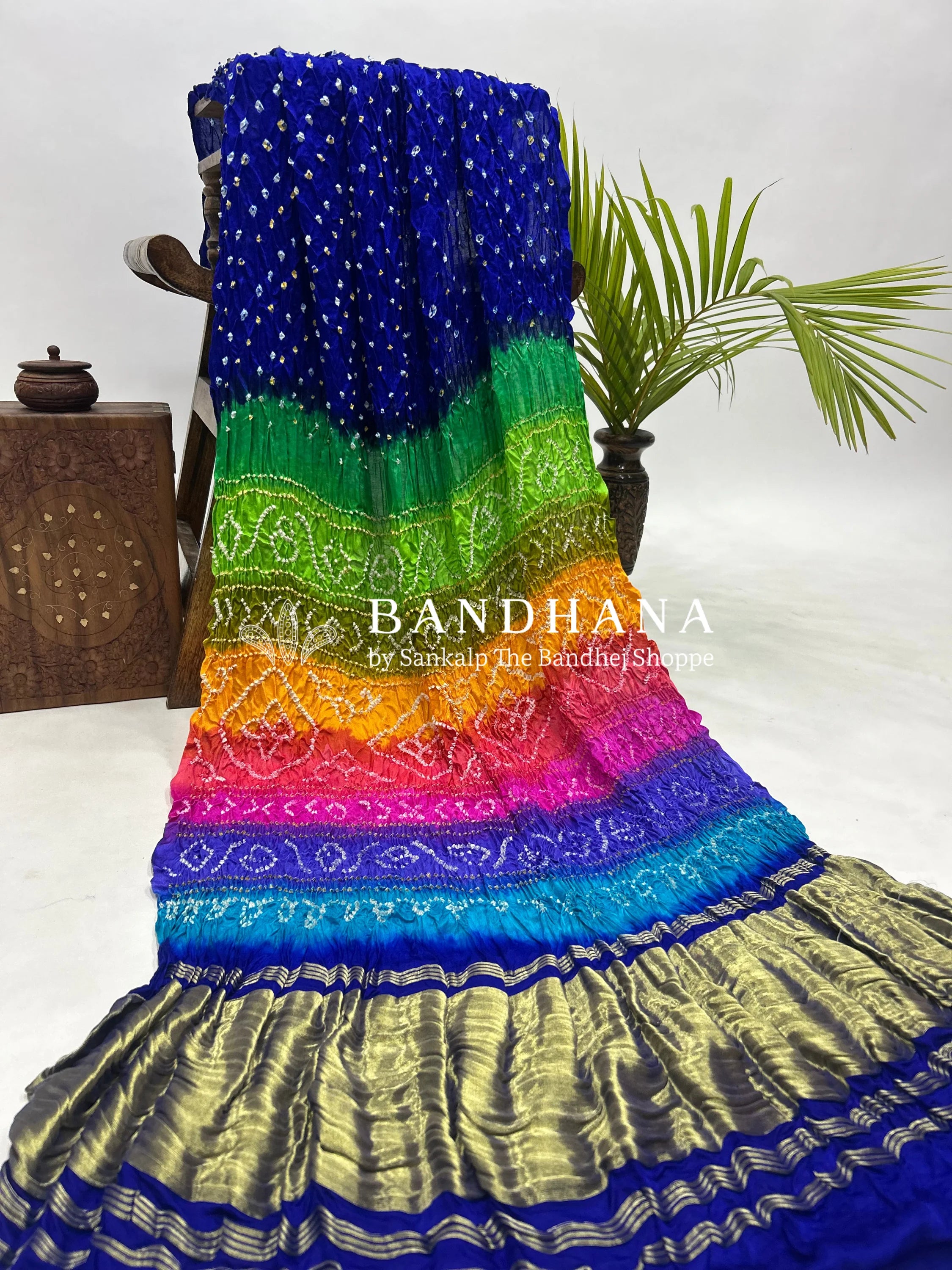 Blue Multi Colour Palav Gajji Silk Single Dot Bandhani Saree Sarees