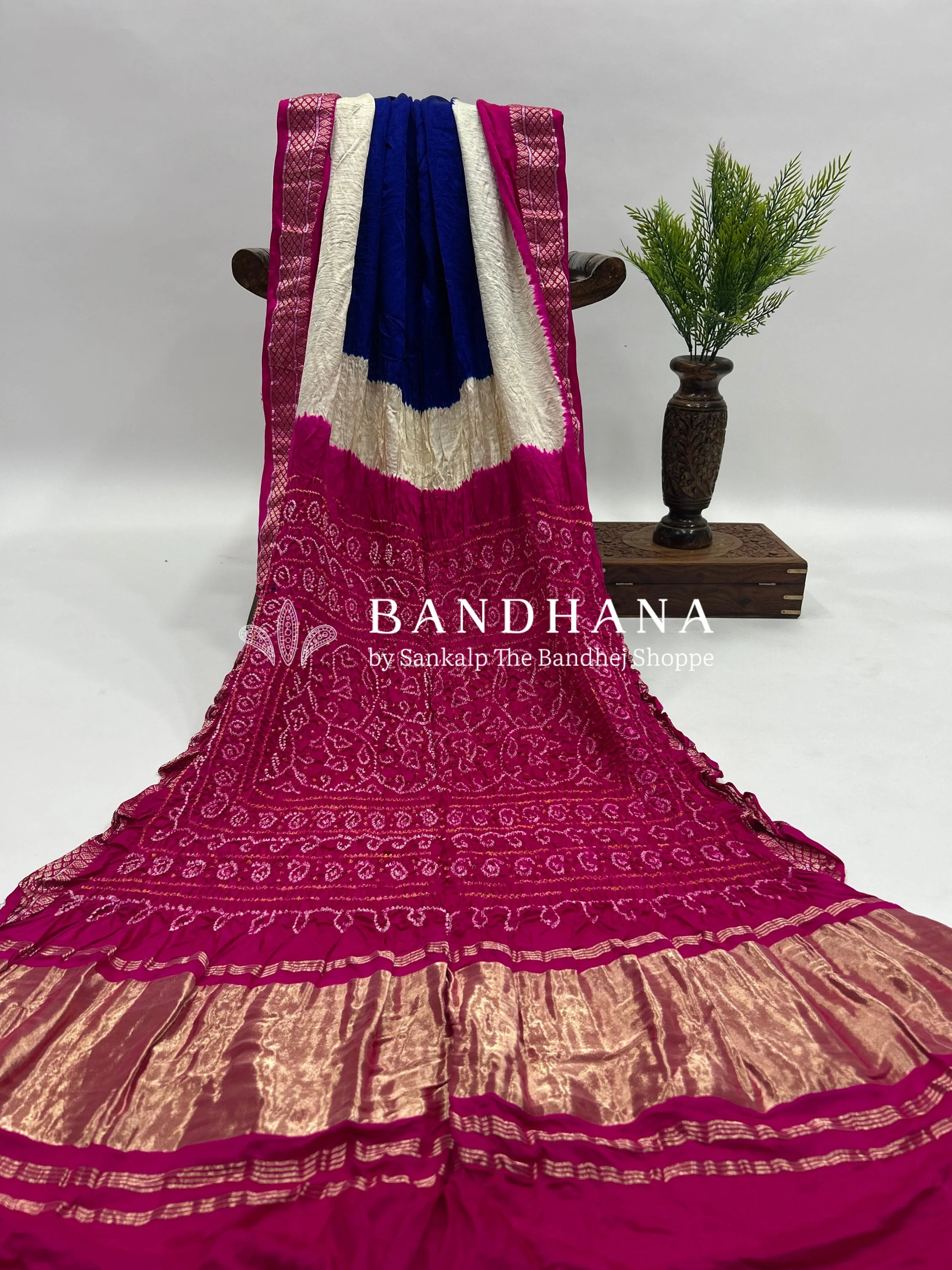 Blue-Rani Gajji Silk Designer Gala Saree with 3 Colour Dying deeppink / Gajji Silk Sarees