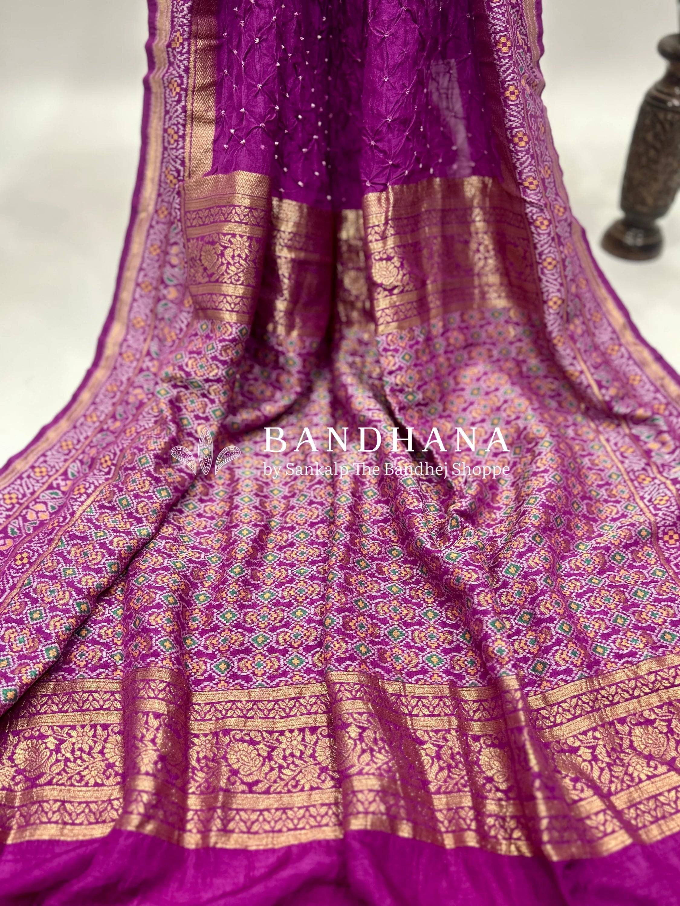 Brinjal Color Malai Silk Single Dot Bandhani Saree darkmagenta / Malai Silk Sarees