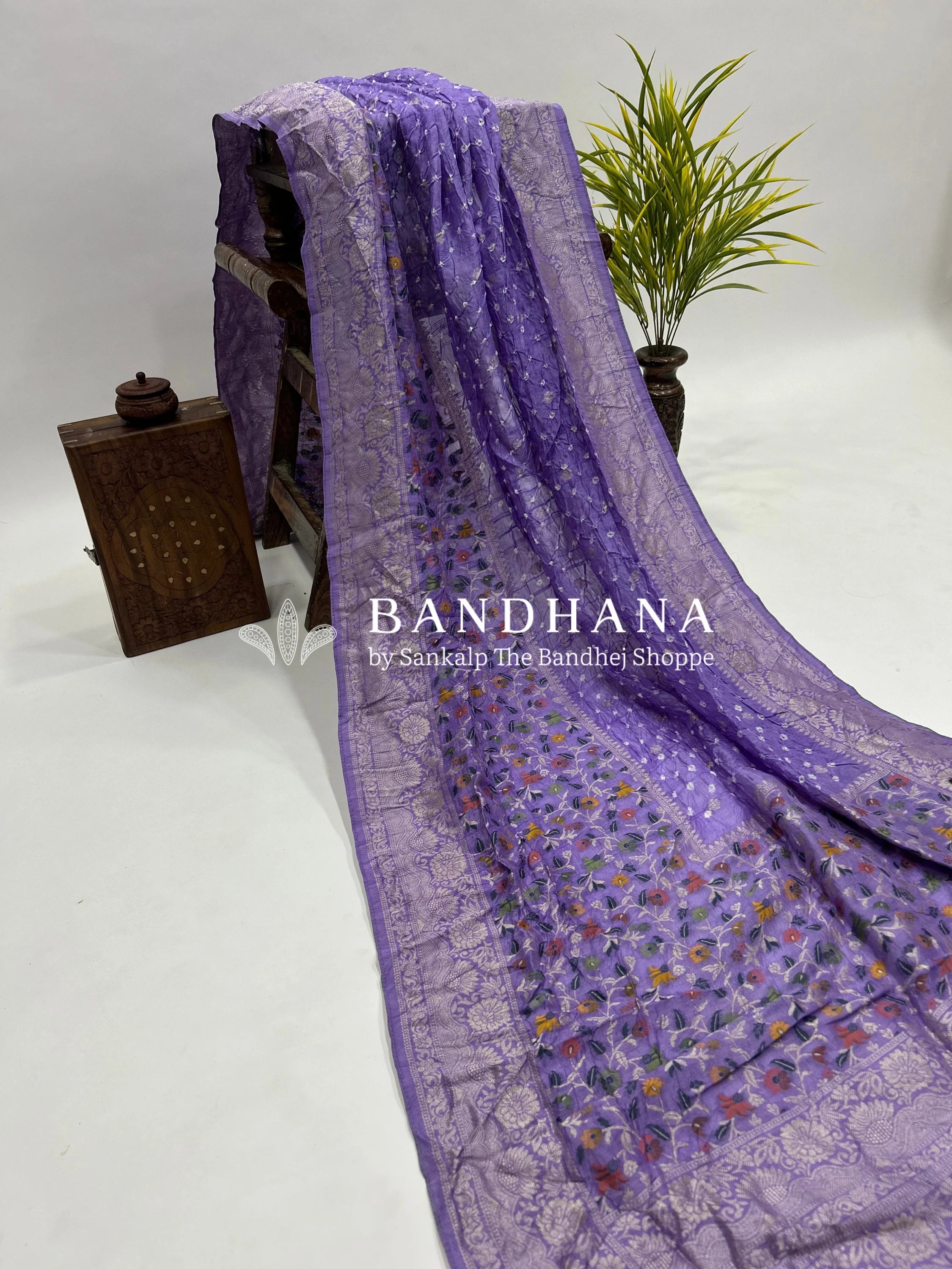 Dark Lavender Art Tussar Silk Bandhani Saree mediumpurple / Tussar Silk Sarees