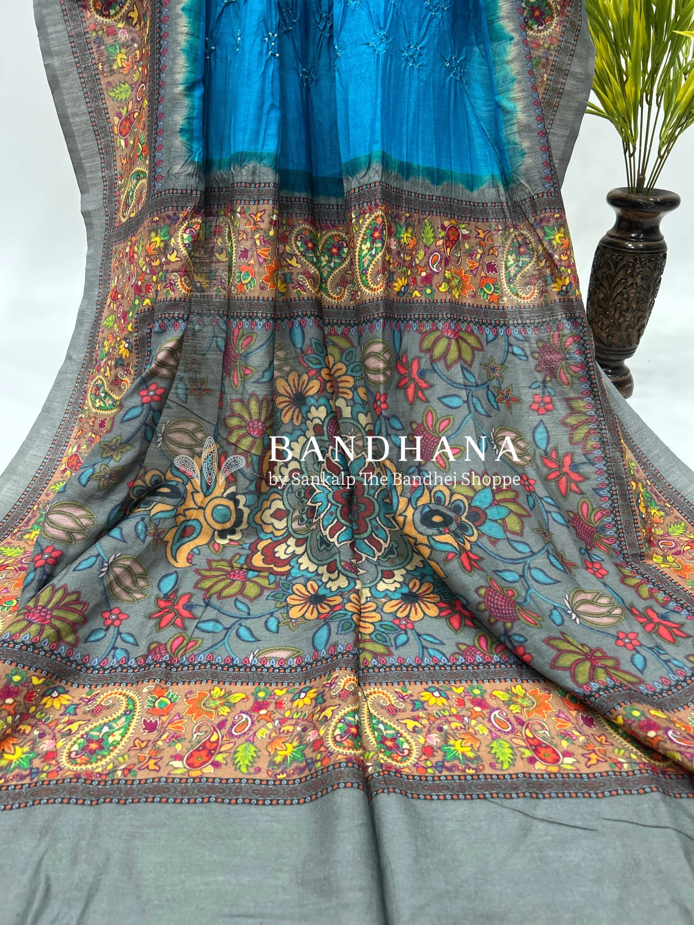Firozi-Grey Muga Silk Digital Kashmiri Print Bandhani Saree dodgerblue / Muga Silk Sarees