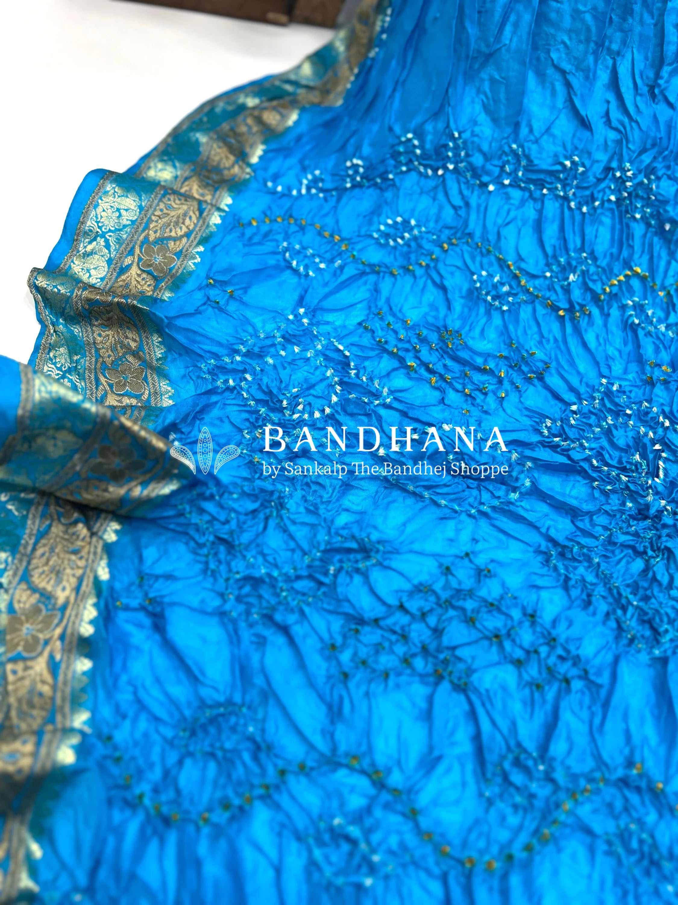 Firozi Soft Silk Resham Border Bandhani Saree dodgerblue / Soft Silk Sarees