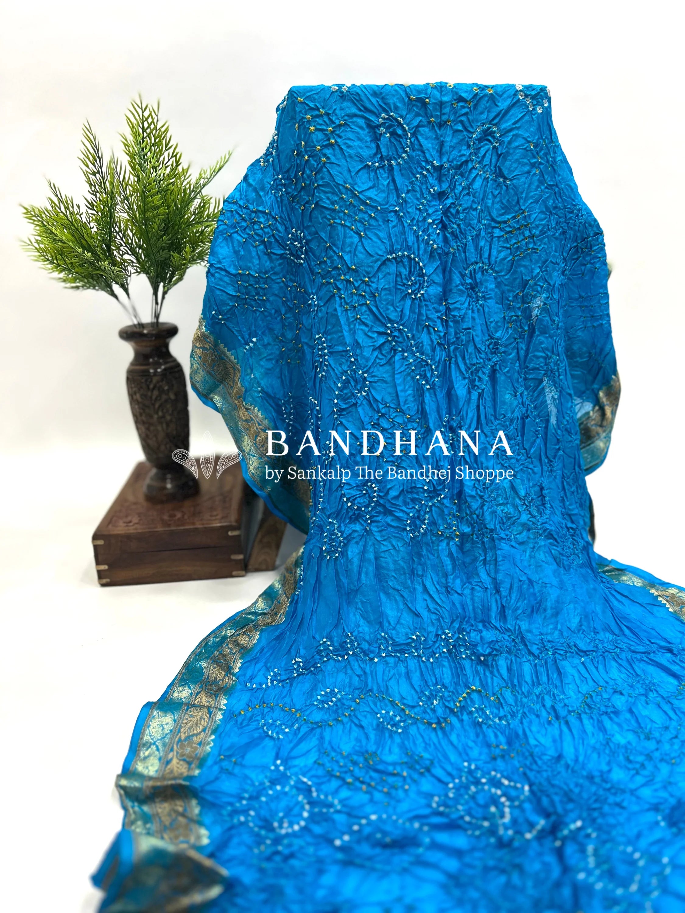 Firozi Soft Silk Resham Border Bandhani Saree dodgerblue / Soft Silk Sarees