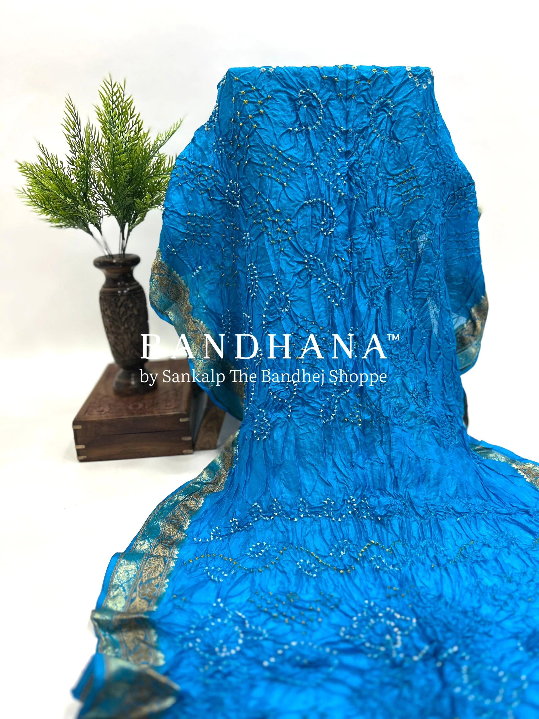 Firozi Soft Silk Resham Border Bandhani Saree dodgerblue / Soft Silk Sarees