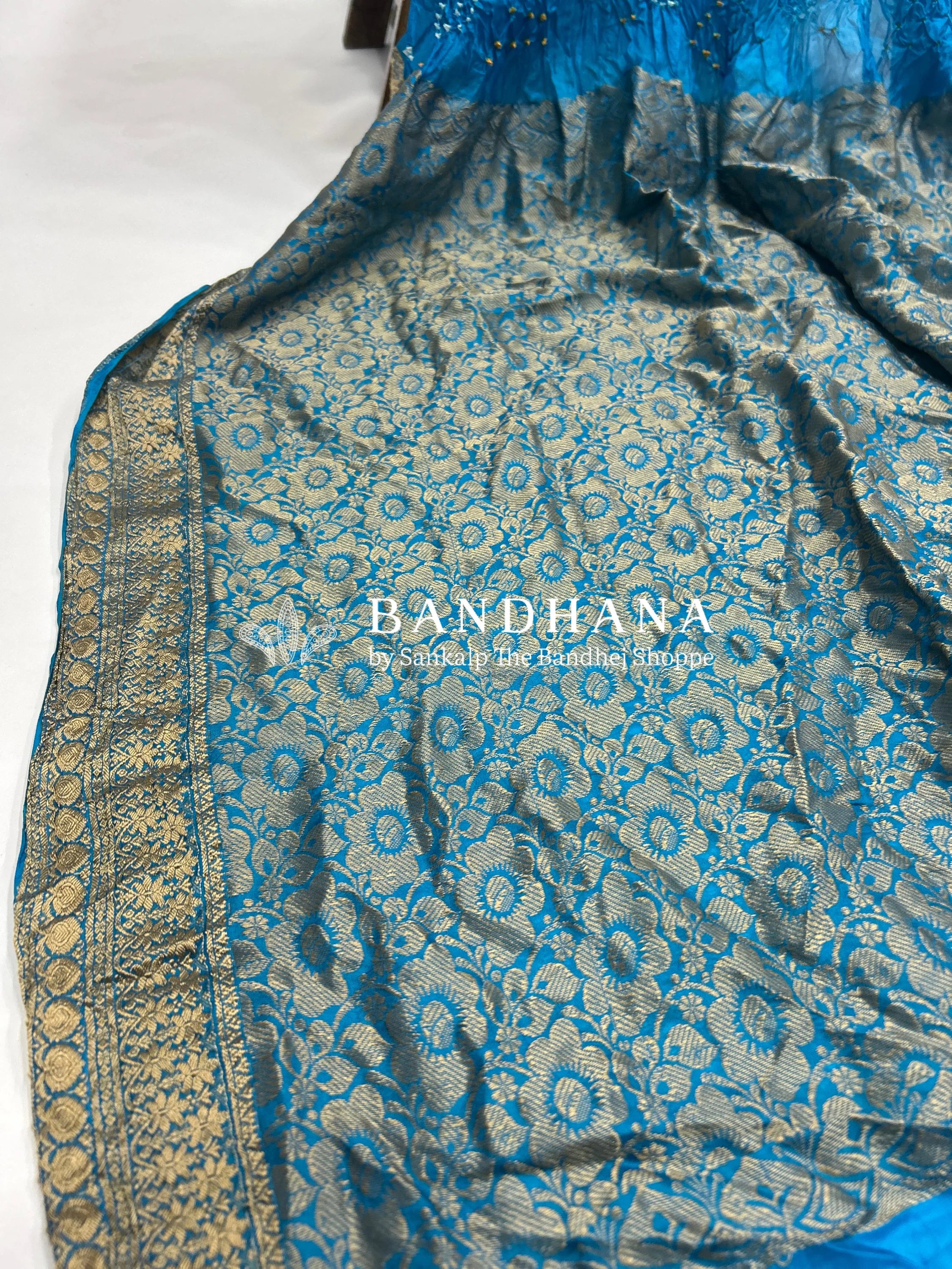 Firozi Soft Silk Resham Palav Bandhani Saree dodgerblue / Soft Silk Sarees