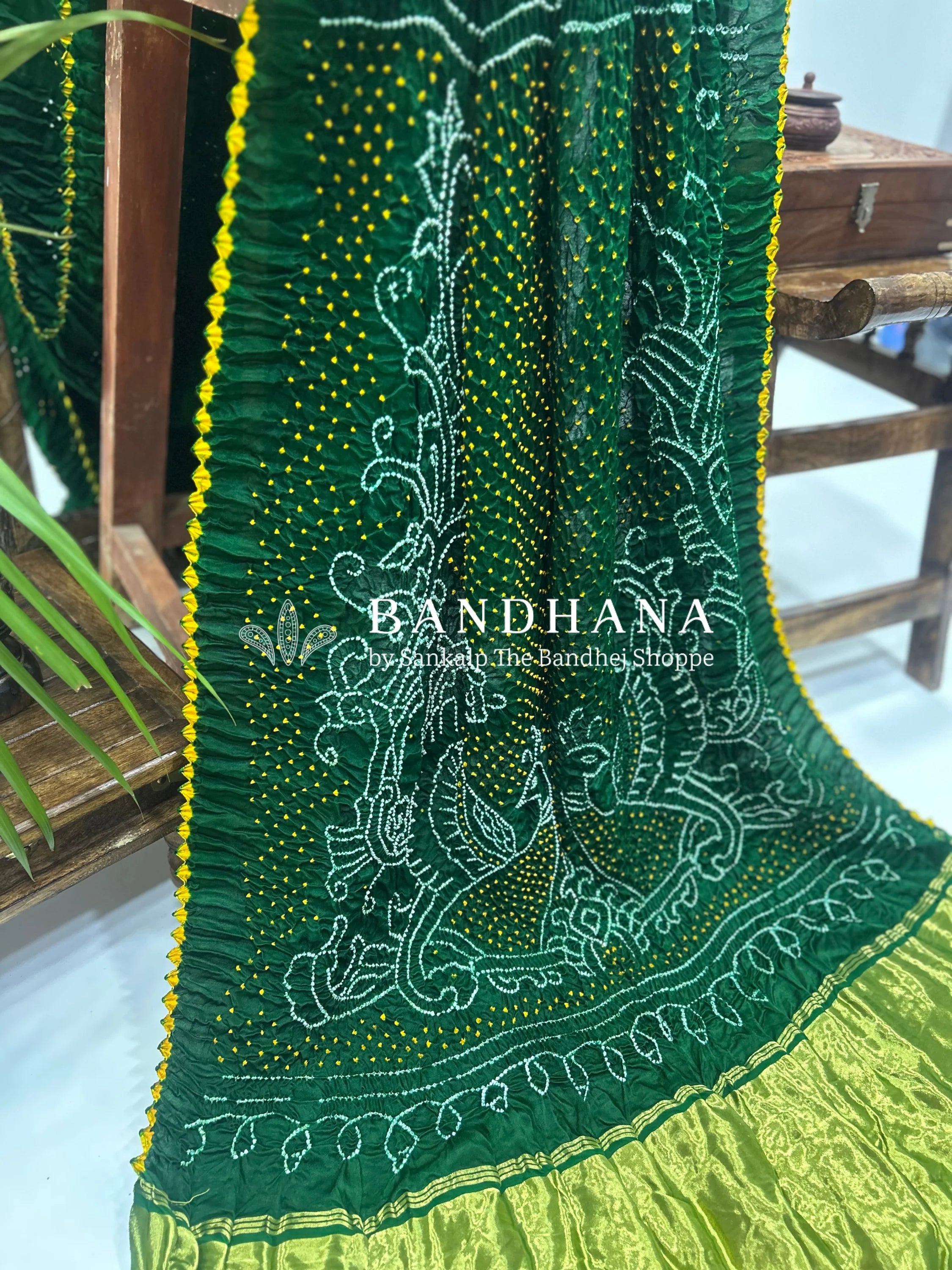 Green Mor Palav Gajji Designer Bandhani Saree Sarees
