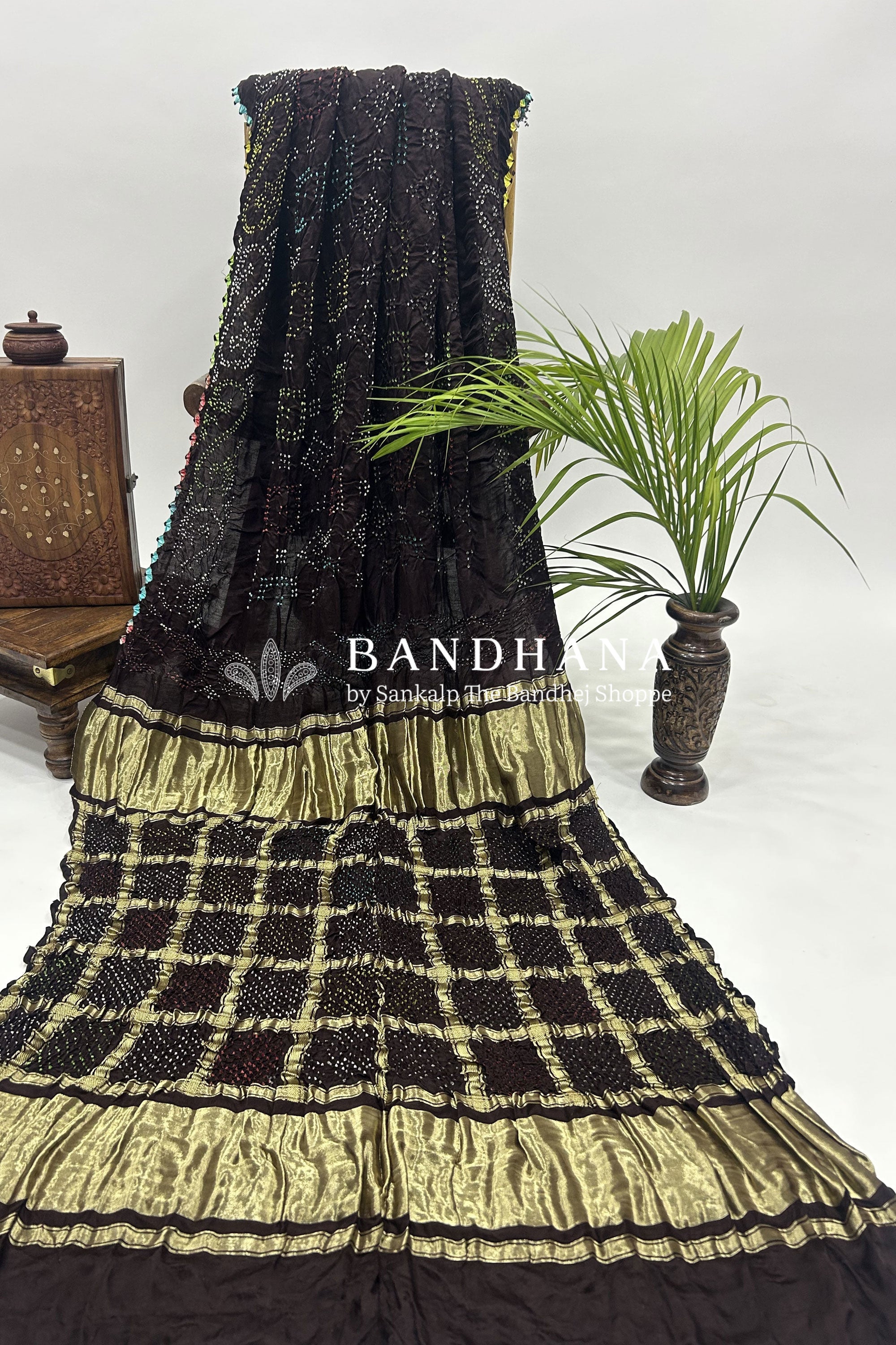 Mutli Brown Gajji Silk Bhati Designer Bandhani Saree Sarees