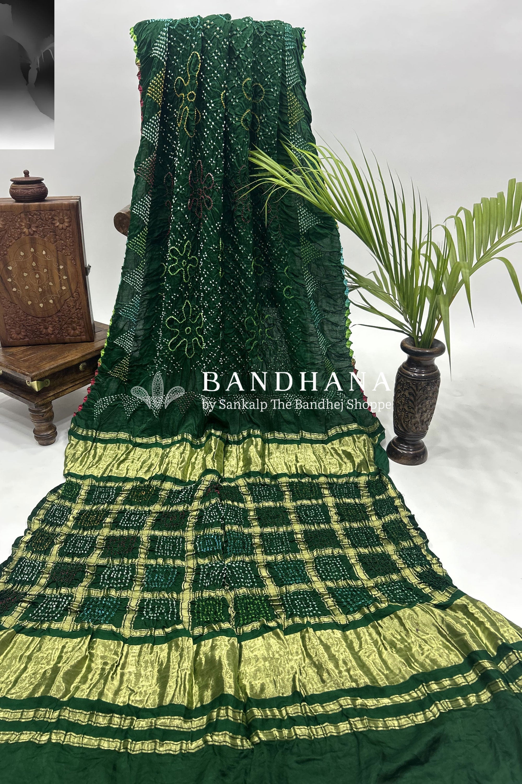 Mutli Green Gajji Silk Bhati Designer Bandhani Saree Sarees