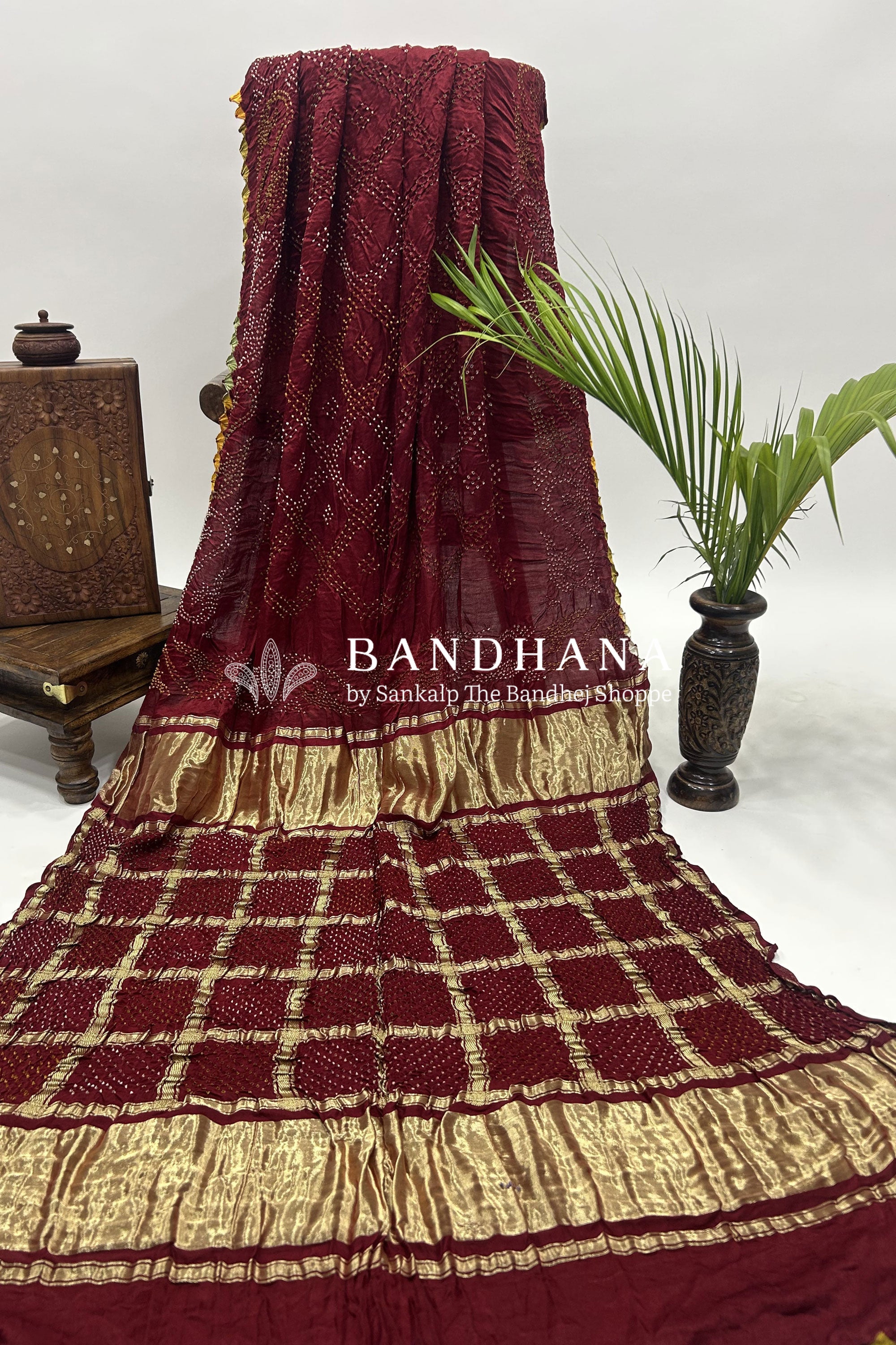 Mutli Maroon Gajji Silk Bhati Designer Bandhani Saree Sarees
