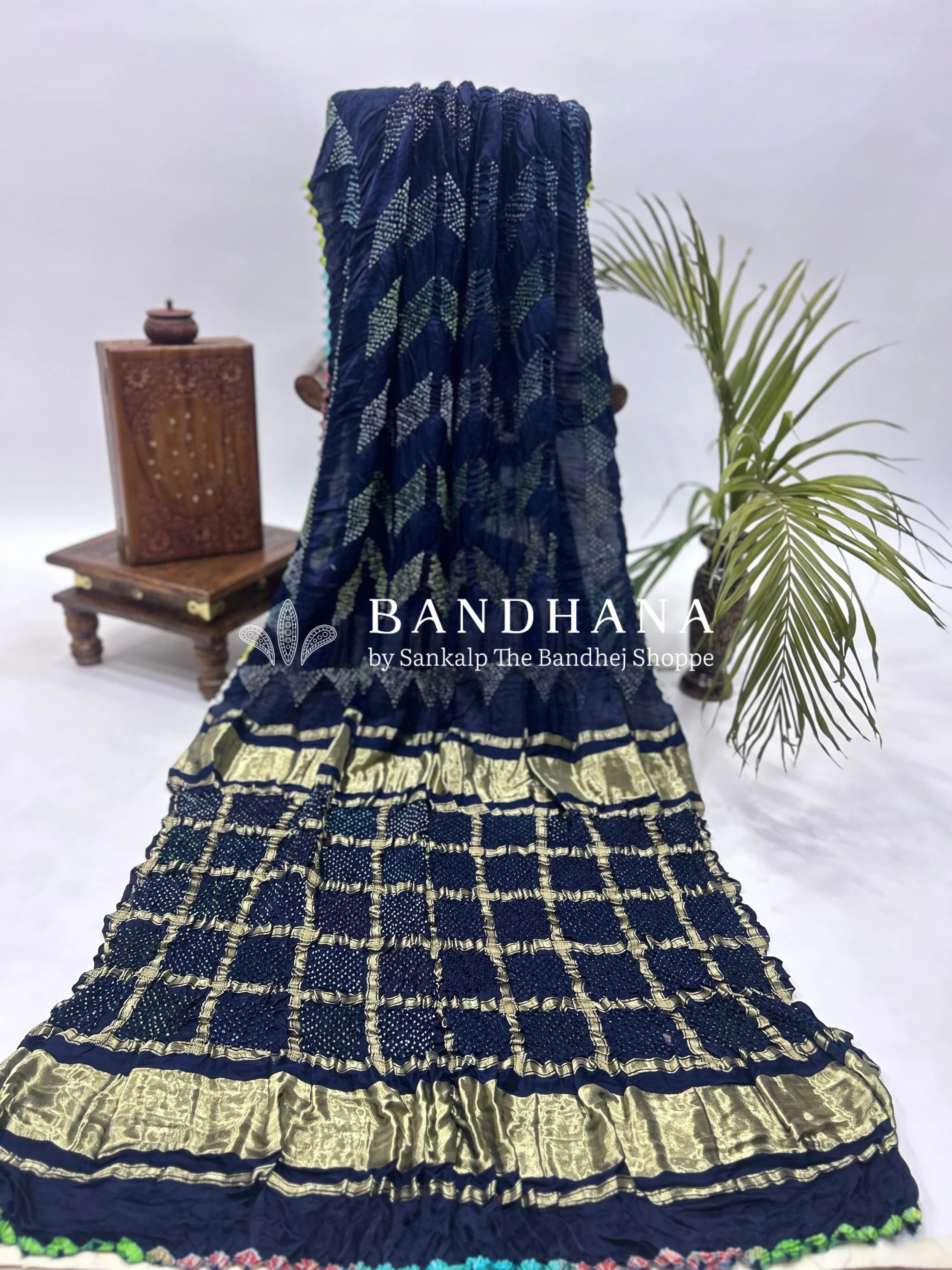 Mutli Navy Blue Gajji Silk Bhati Designer Bandhani Saree Sarees