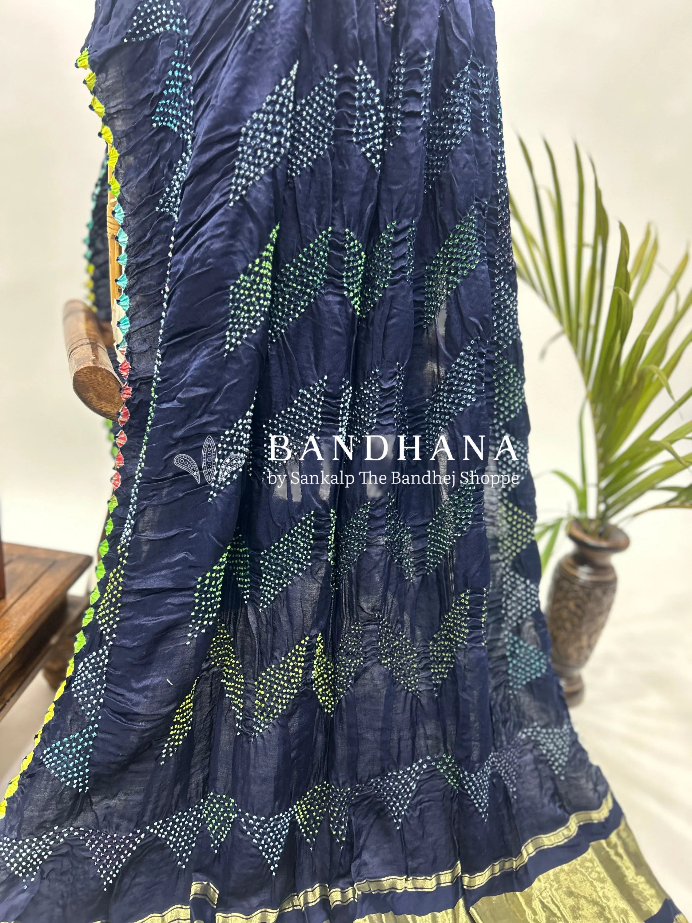 Mutli Navy Blue Gajji Silk Bhati Designer Bandhani Saree Sarees