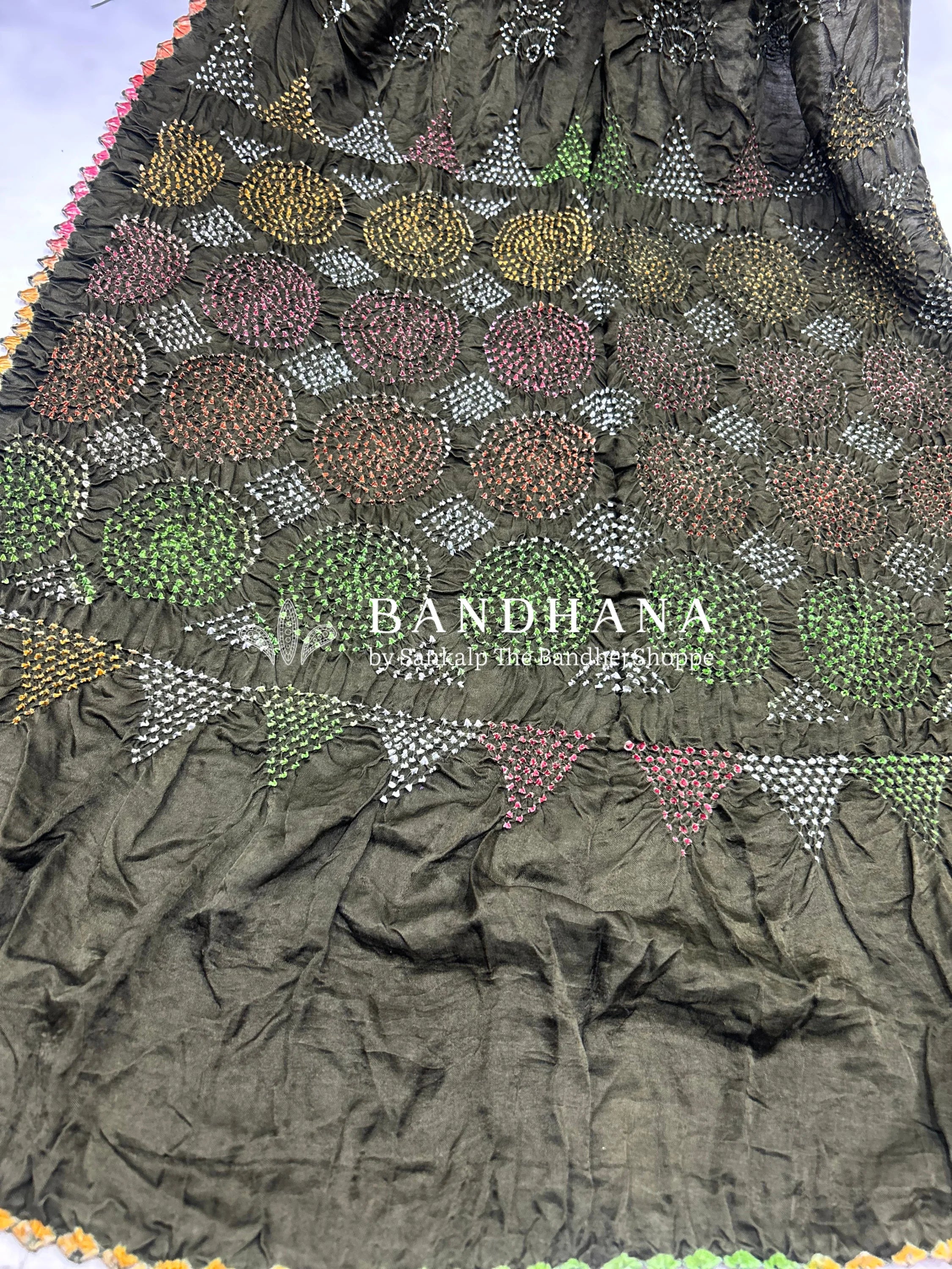 Gajji Silk Mahendi Multi Colour Bandhani Saree Sarees