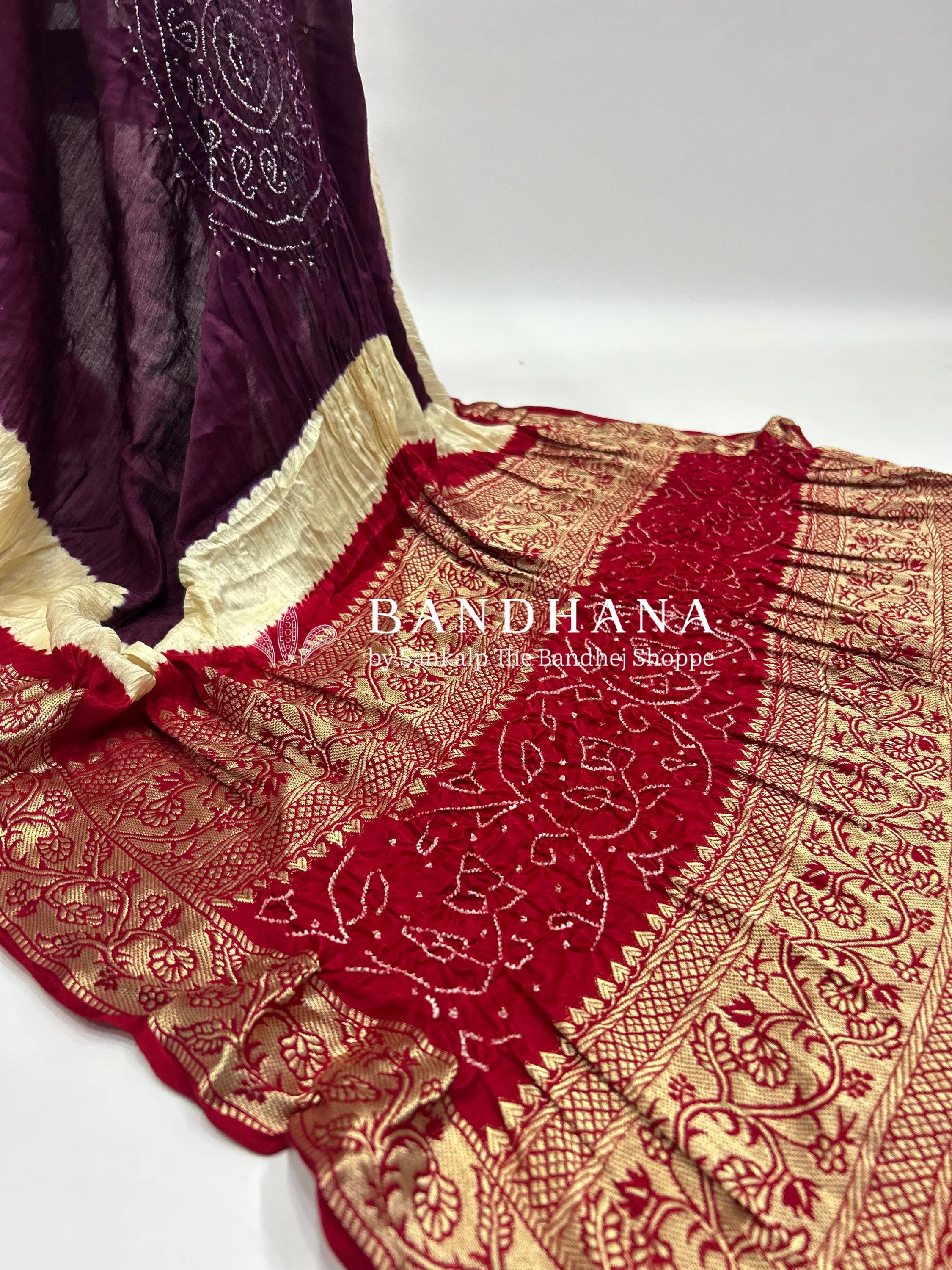 Gajji Silk Wine - Maroon Designer Gala Dupatta With 3 Colour Dying purple / Gajji Silk Dupattas