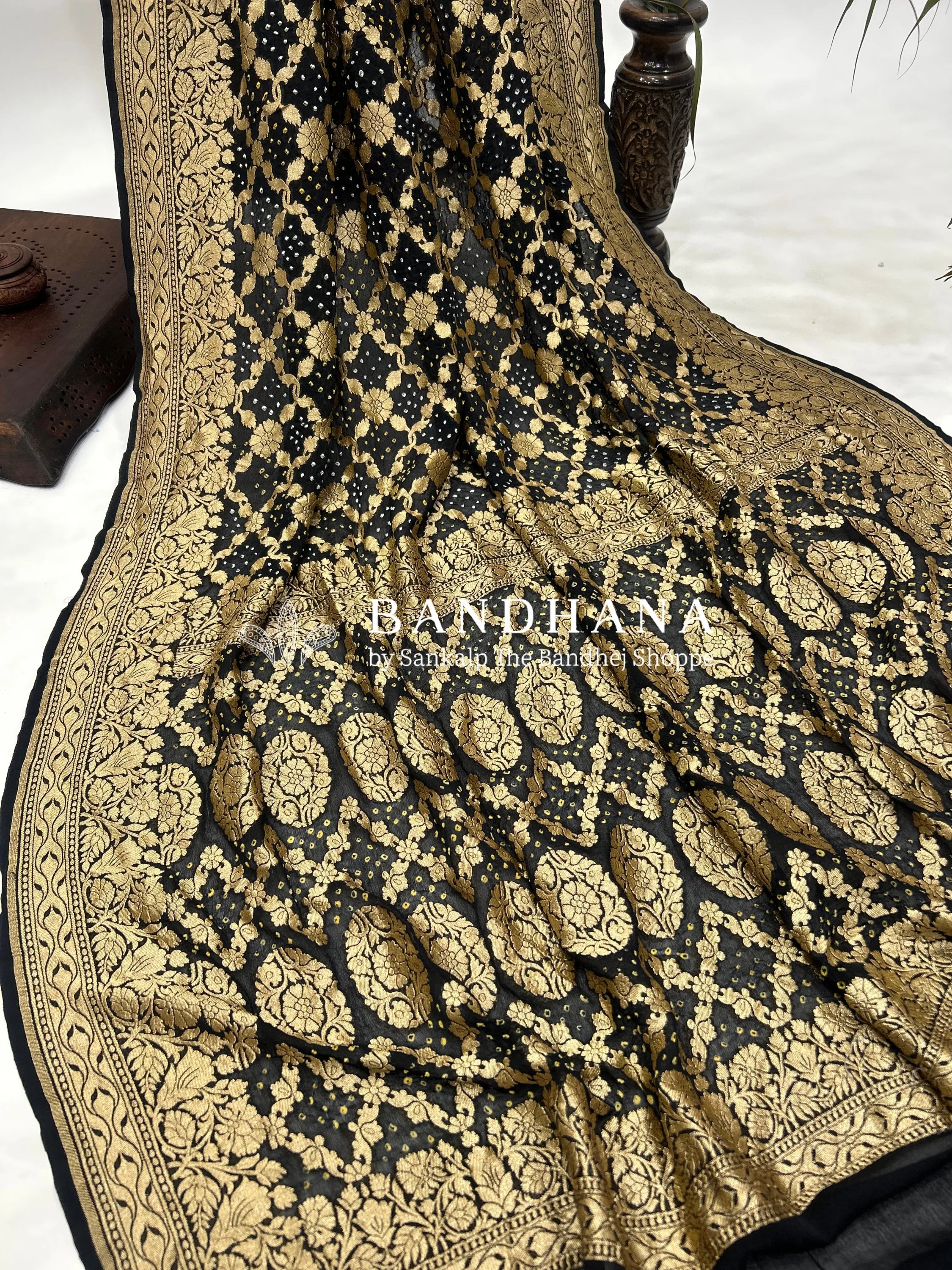 Black Georgette Jaal Bandhani Saree Sarees