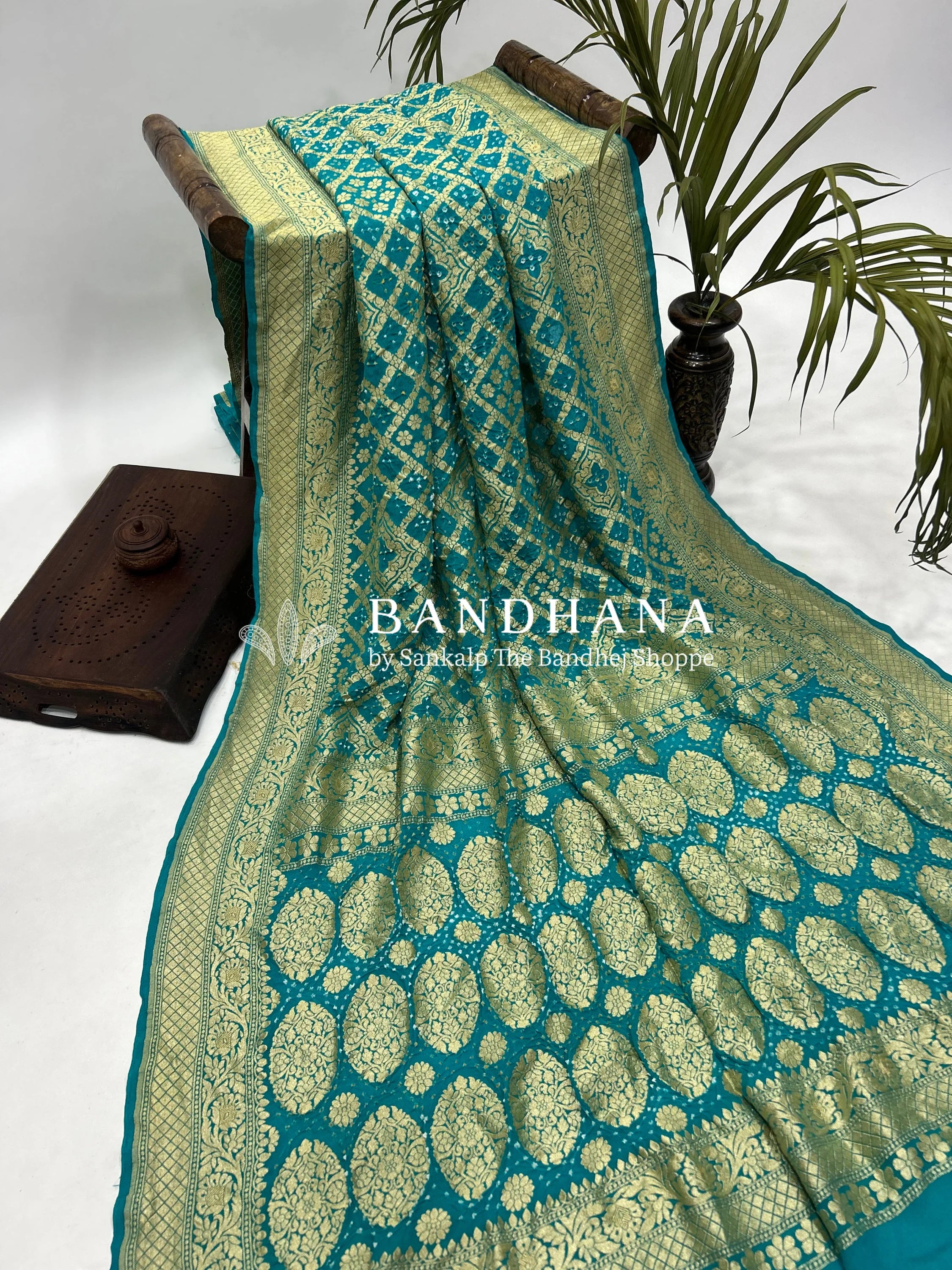 Turquoise Georgette Jaal Bandhani Saree Sarees
