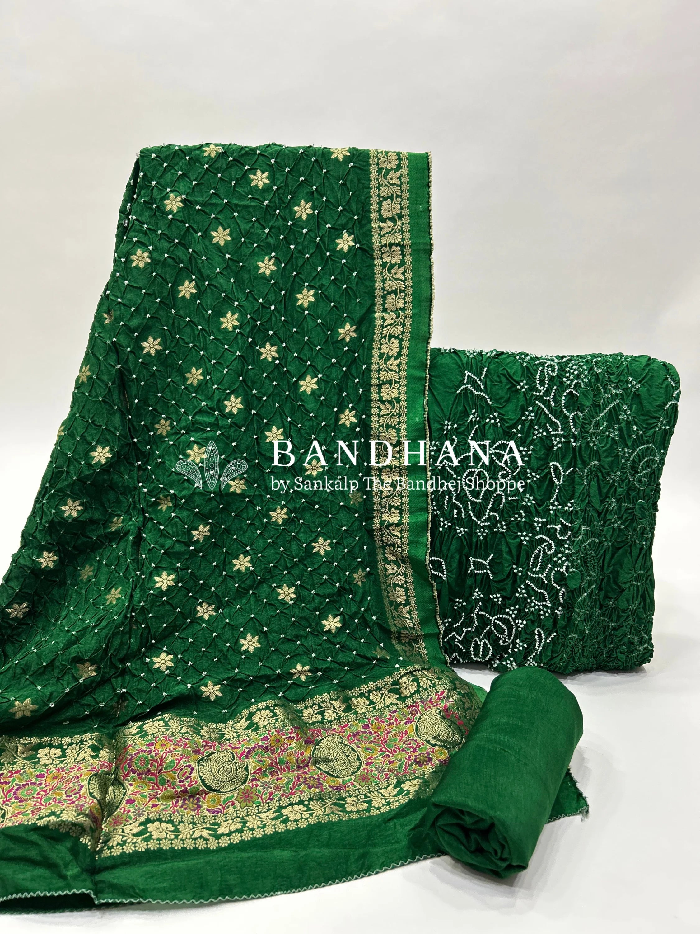Green Dola Silk Bandhani Dress Material green / Dola Silk Dresses