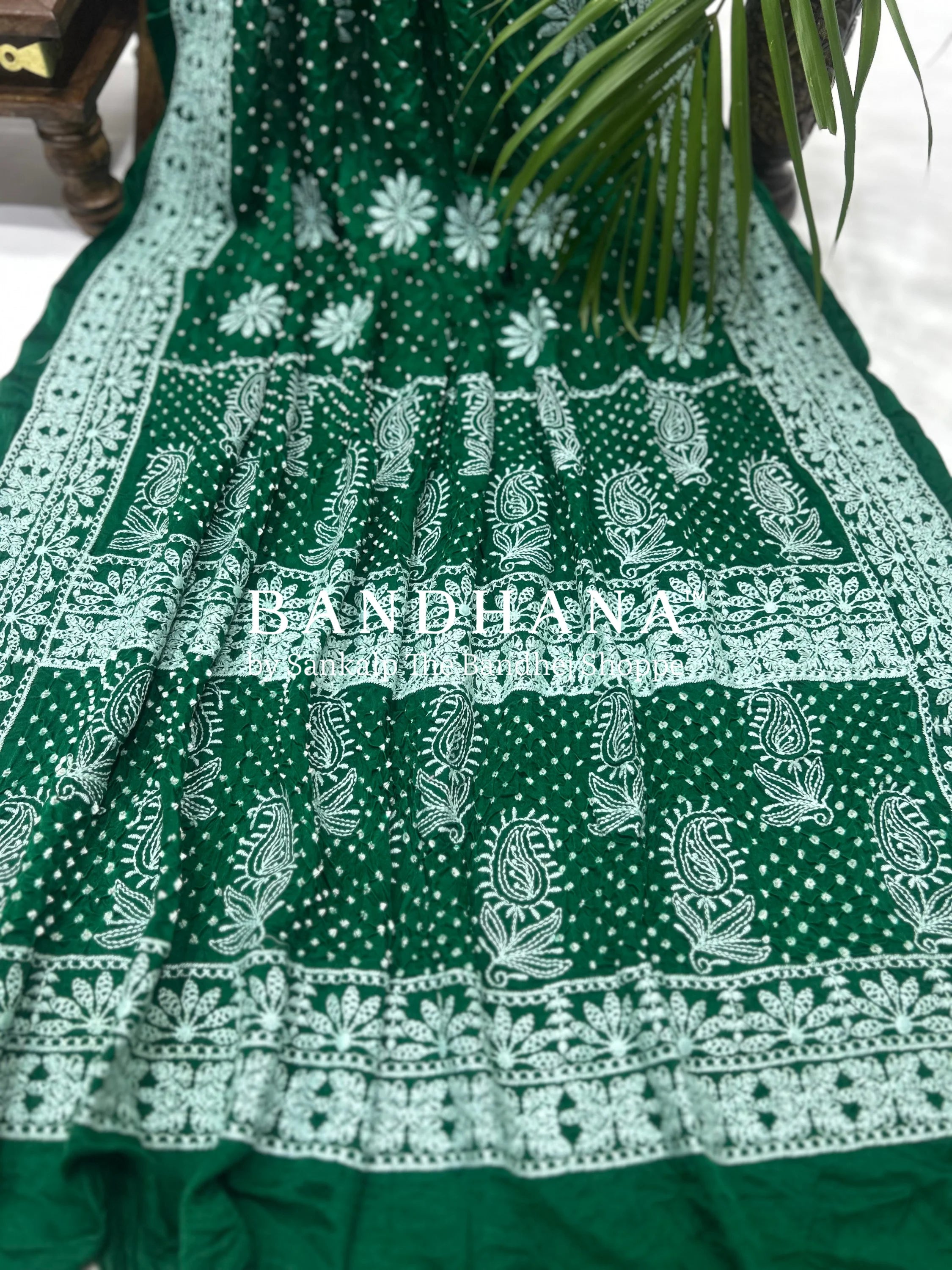 Dark Green Gajji Silk Lucknowi Heritage Drape Saree Sarees