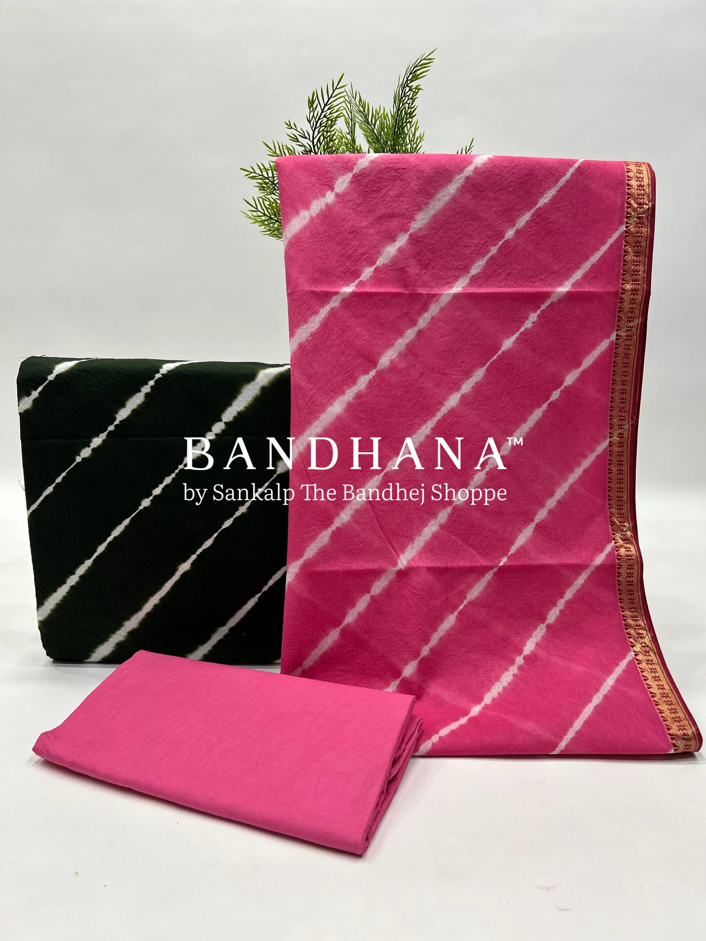 Green-Pink Cotton Laheriya Dress Material pink / Cotton Dresses