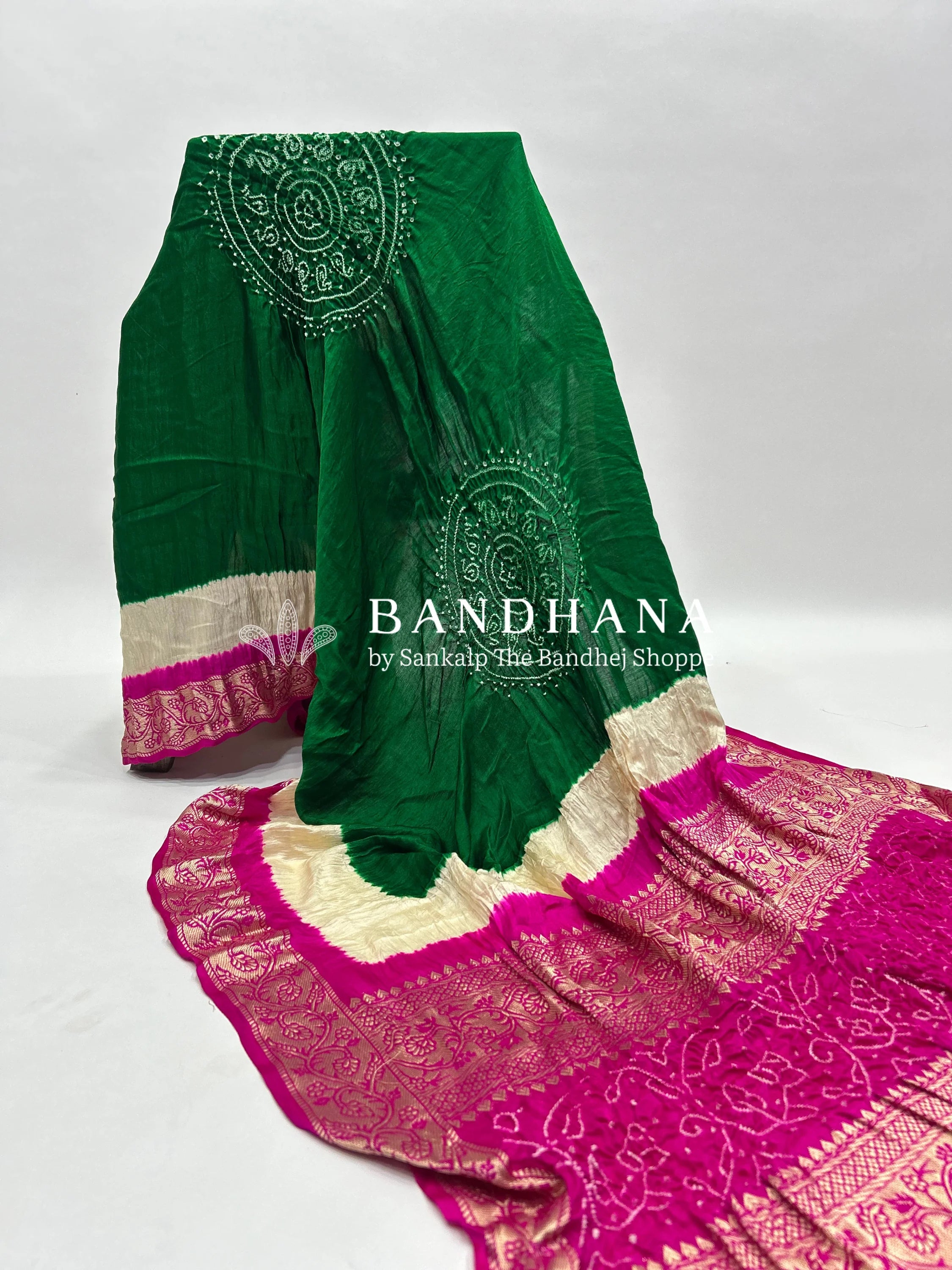 Green-Rani Gajji Silk Designer Gala Dupatta With 3 Colour Dying green / Gajji Silk Dupattas