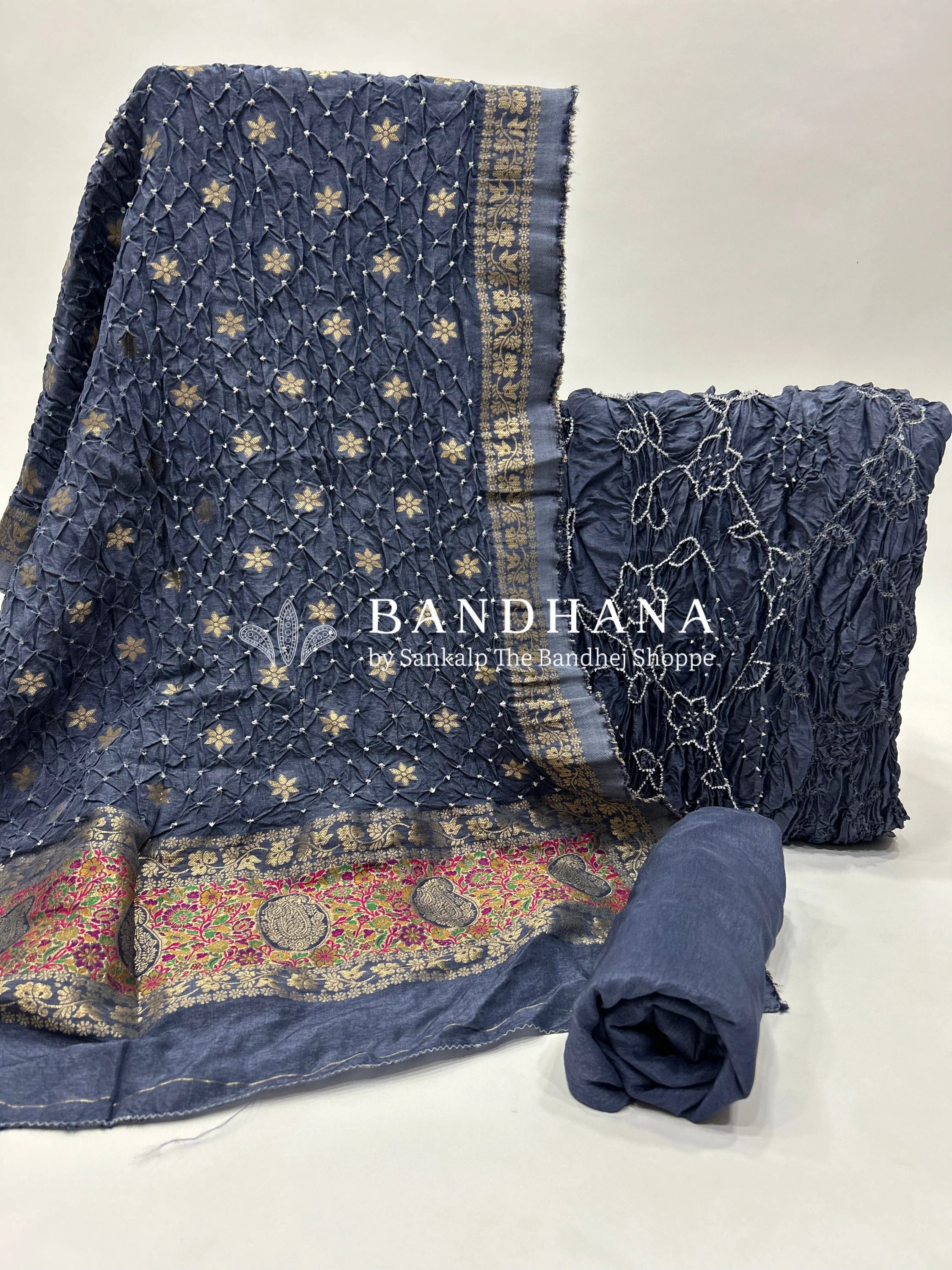 Grey Dola Silk Bandhani Dress Material grey / Dola Silk Dresses