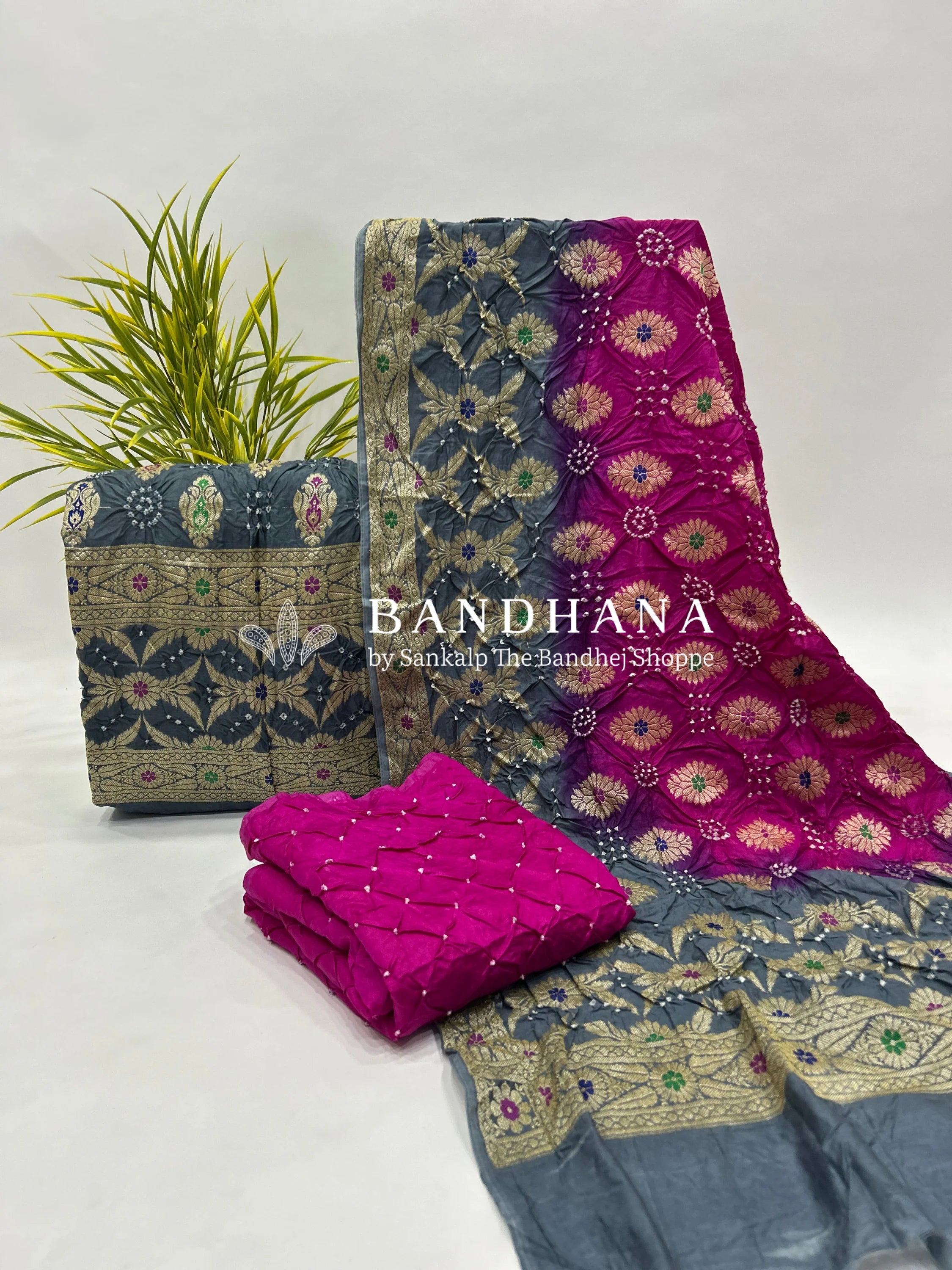 Grey & Rani Art Dupion Butta Bandhani Dress Material grey / Dola Silk Dresses