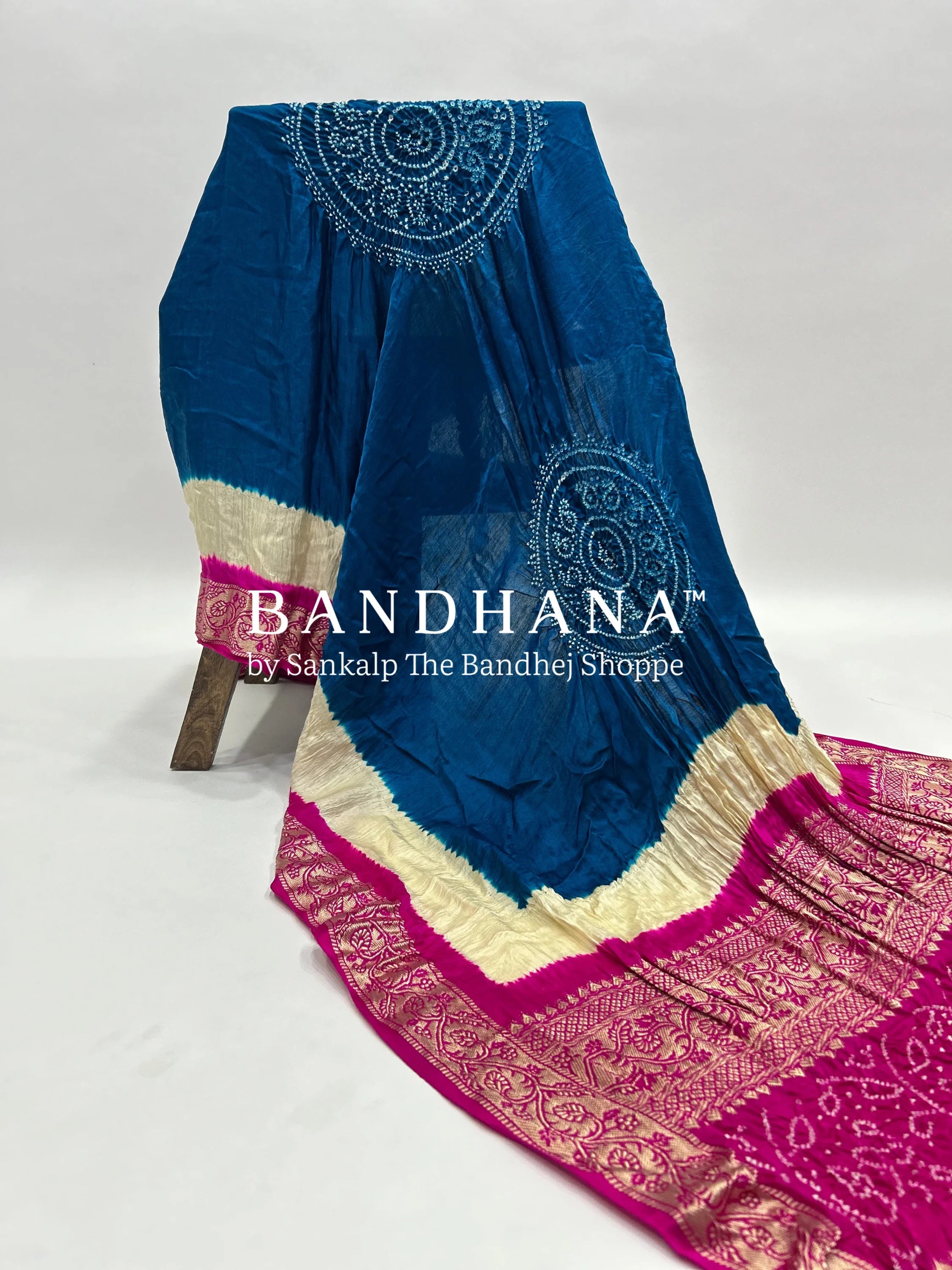 Indigo-Rani Gajji Silk Designer Gala Dupatta With 3 Colour Dying royalblue / Gajji Silk Dupattas