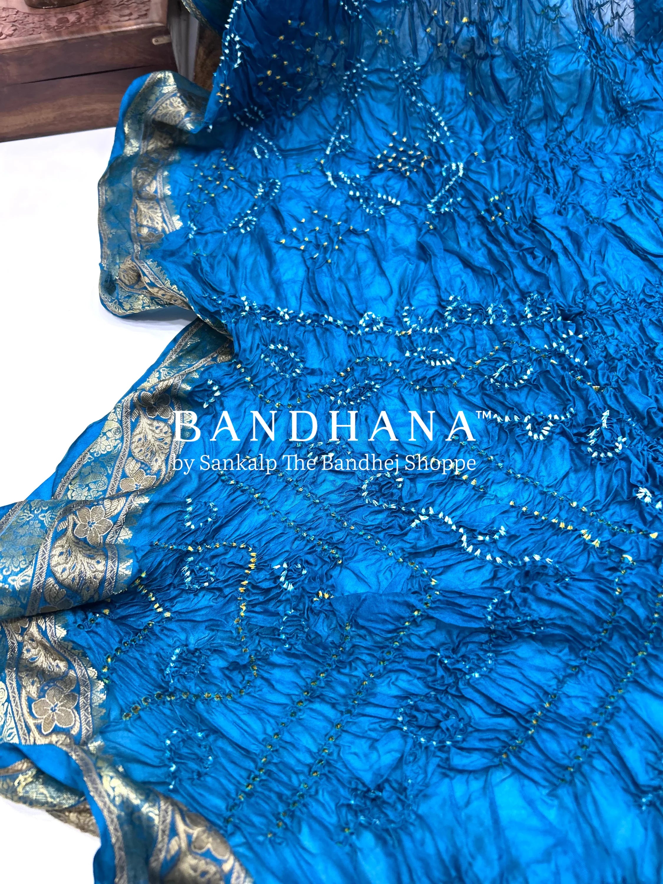 Indigo Soft Silk Resham Border Bandhani Saree dodgerblue / Soft Silk Sarees