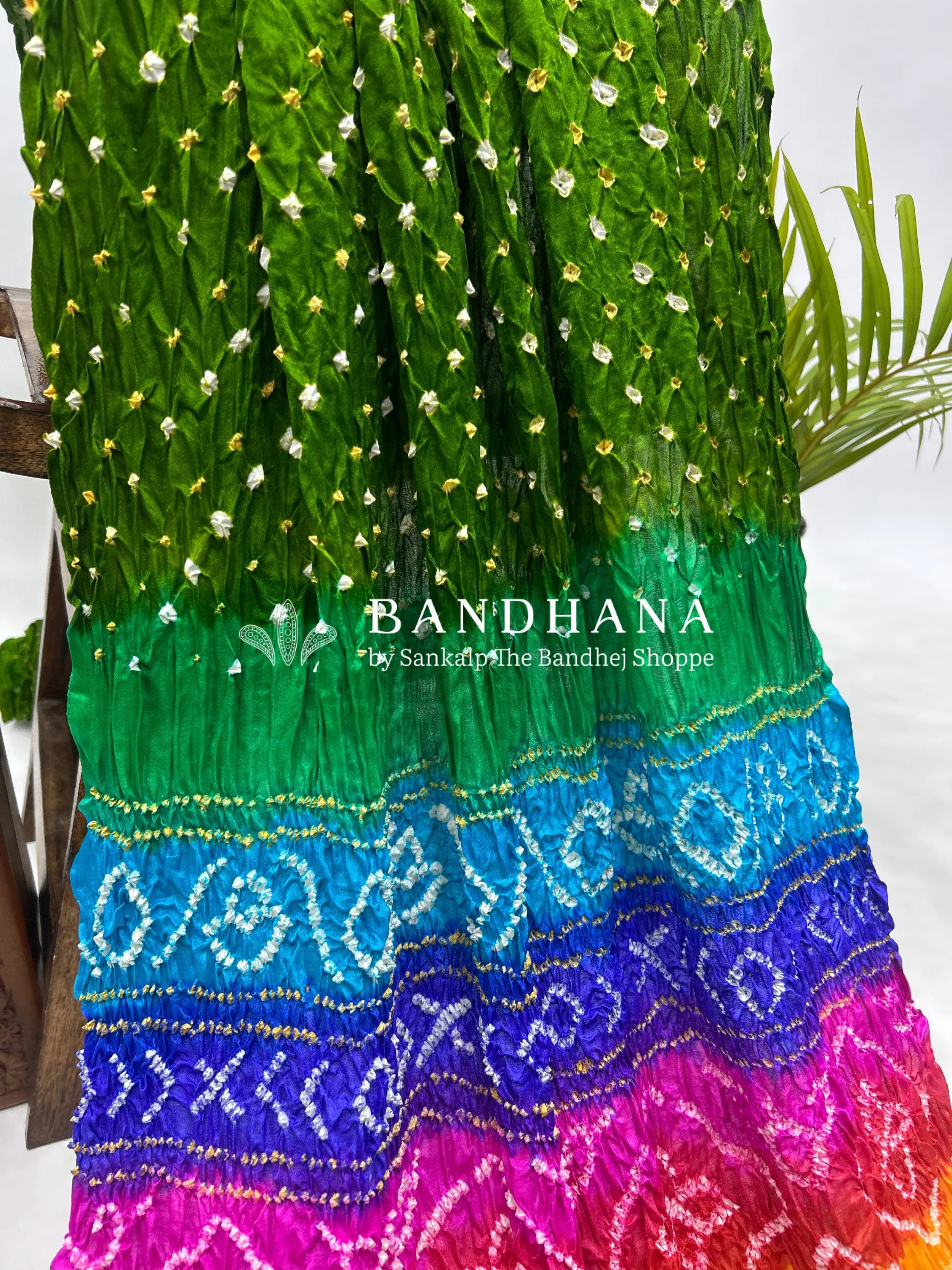 Mahendi Multi Colour Palav Gajji Silk Single Dot Bandhani Saree Sarees