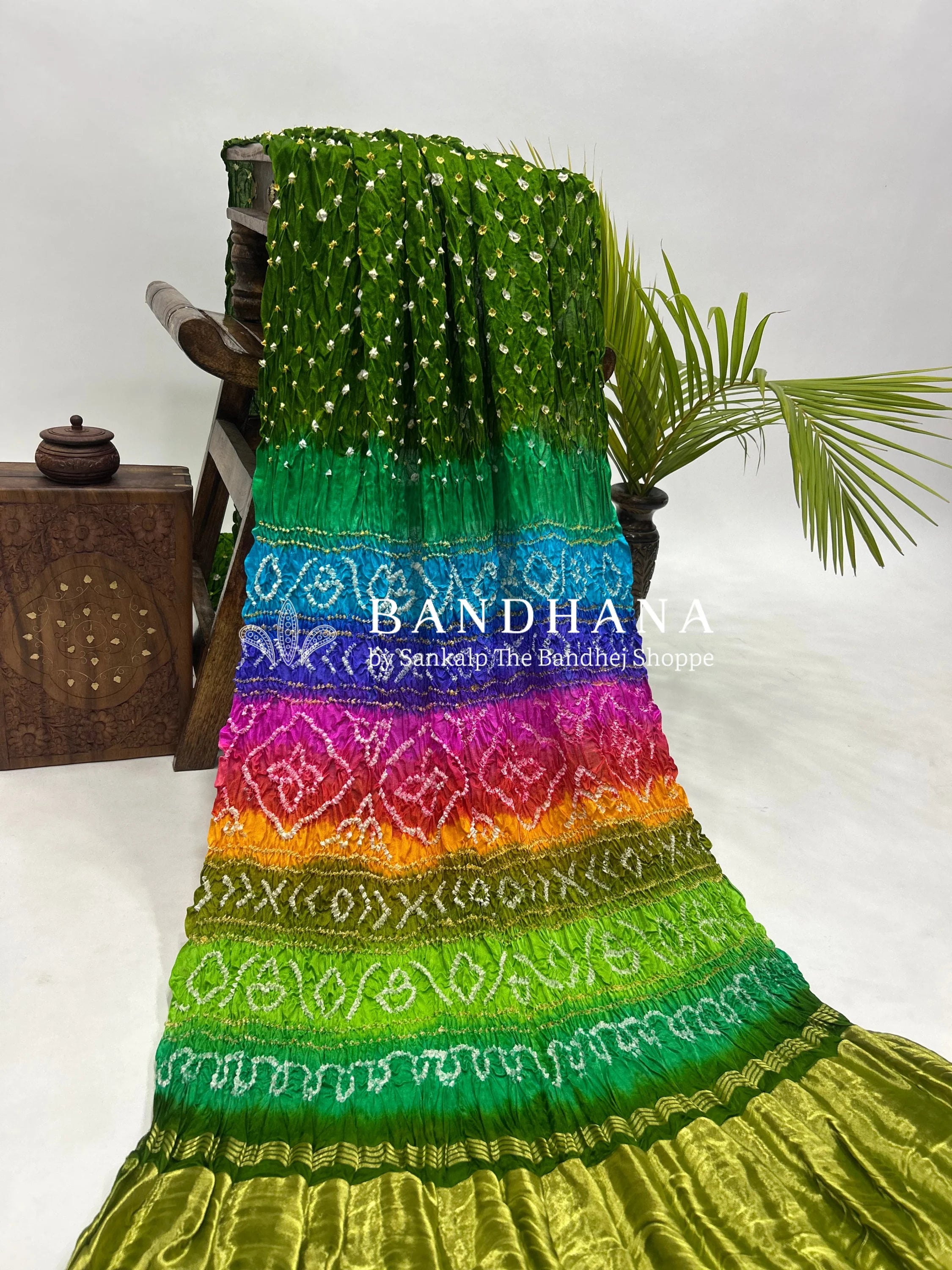 Mahendi Multi Colour Palav Gajji Silk Single Dot Bandhani Saree Sarees