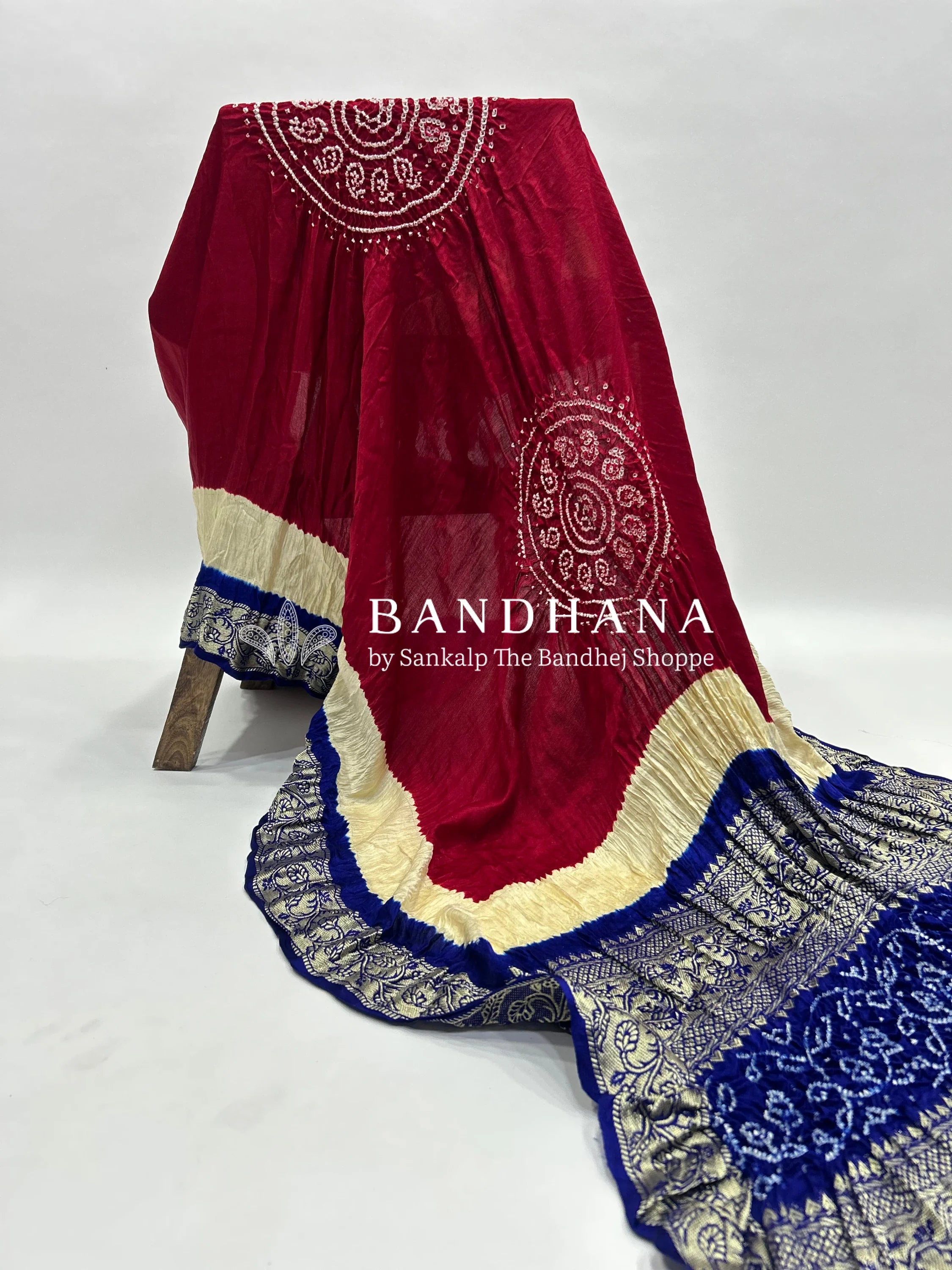 Maroon-Blue Gajji Silk Designer Gala Dupatta With 3 Colour Dying maroon / Gajji Silk Dupattas