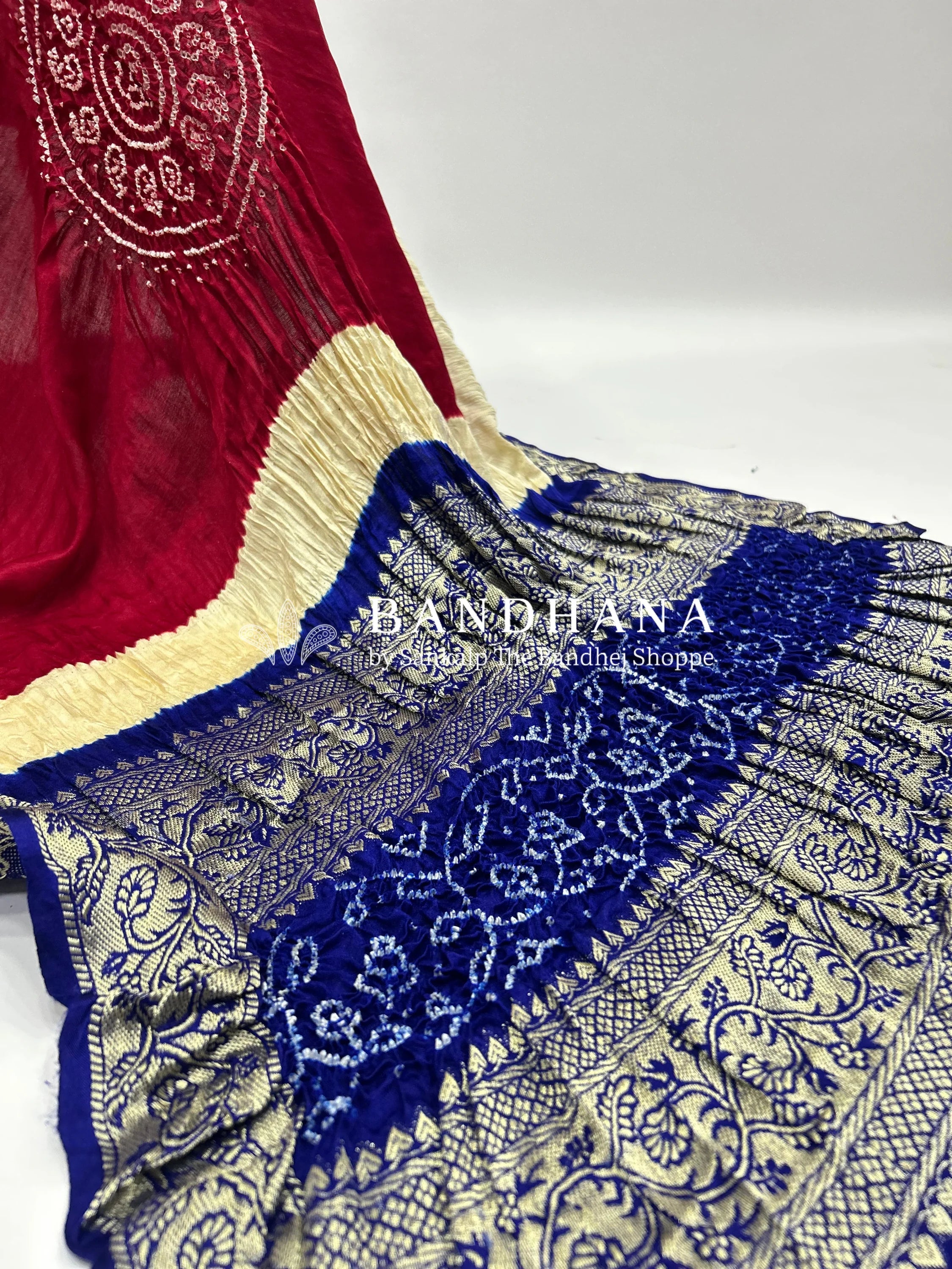 Maroon-Blue Gajji Silk Designer Gala Dupatta With 3 Colour Dying maroon / Gajji Silk Dupattas