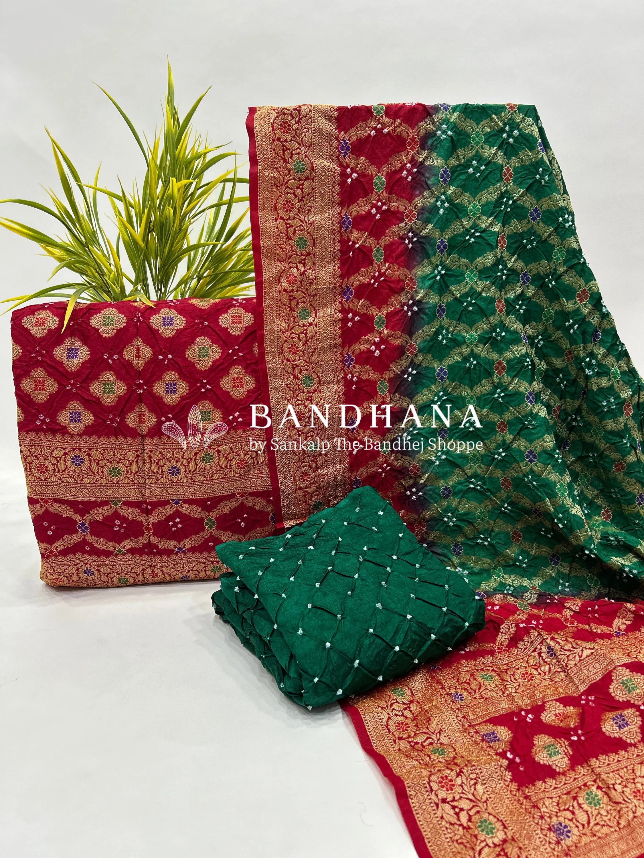 Maroon & Green Art Dupion Butta Bandhani Dress Material green / Art Silk Dresses