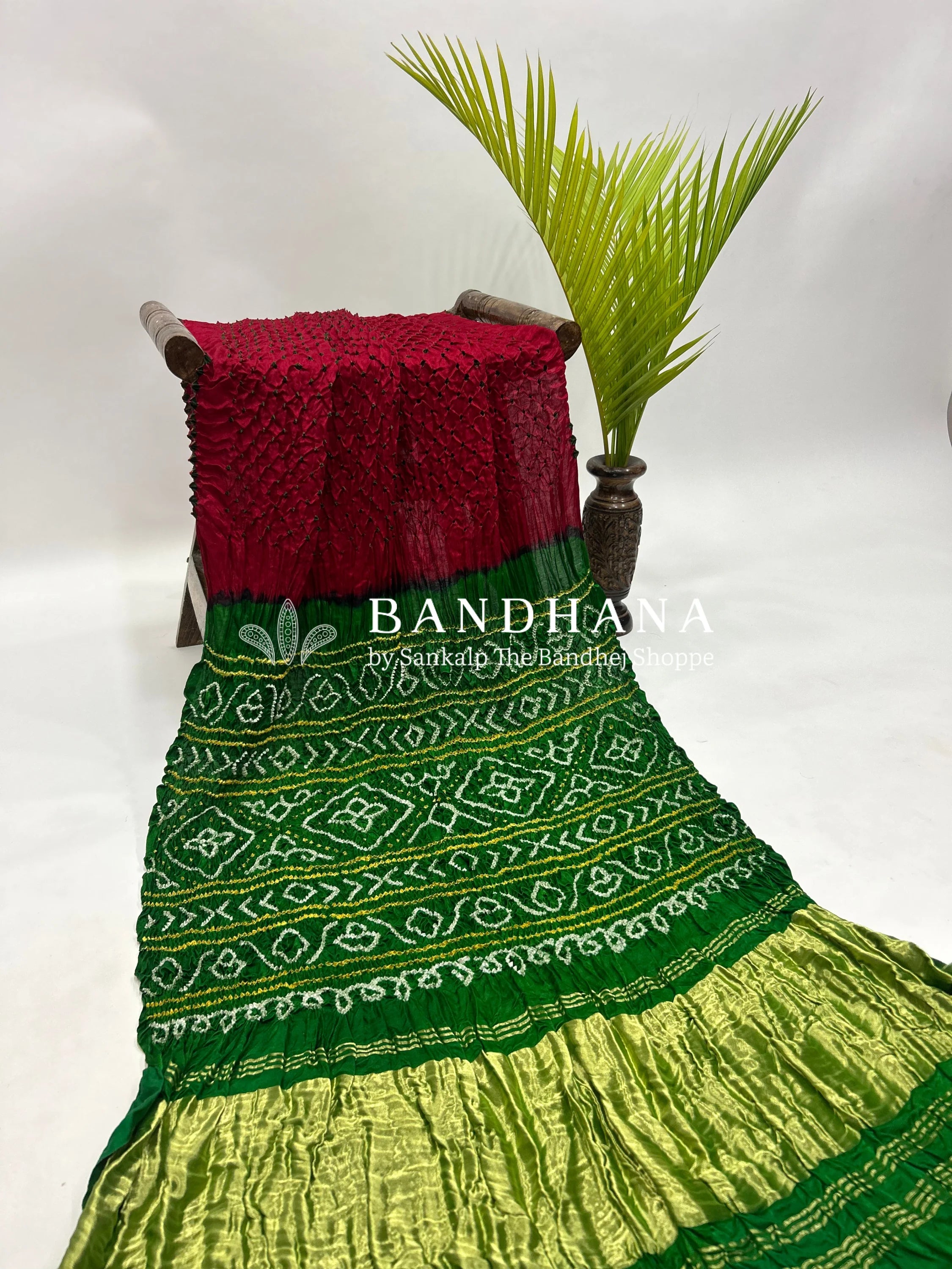 Maroon Green Gajji Silk Contrast Colour Bandhej Single Dot Bandhani Saree Sarees