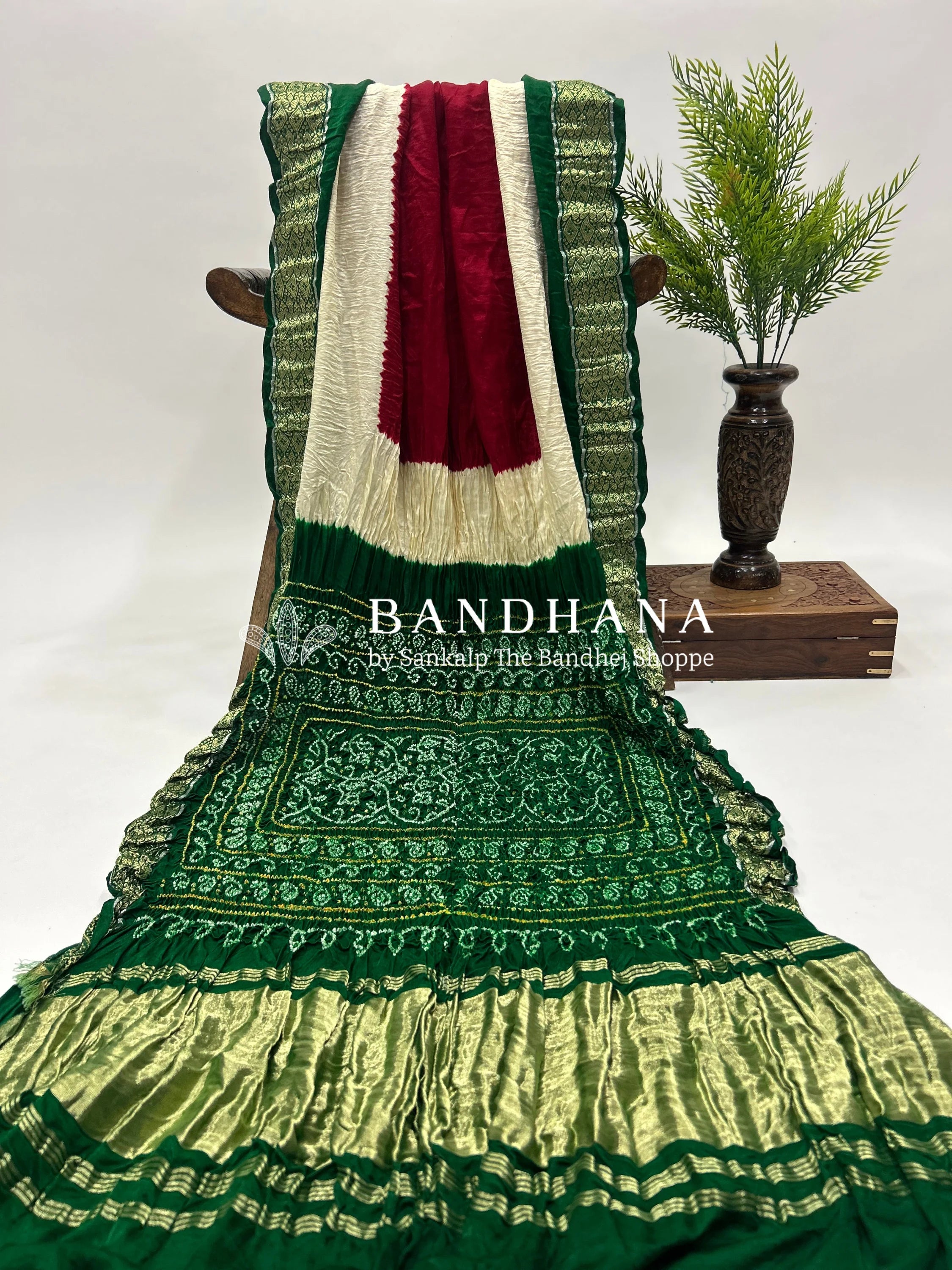 Maroon-Green Gajji Silk Designer Gala Saree With 3 Colour Dying green / Gajji Silk Sarees