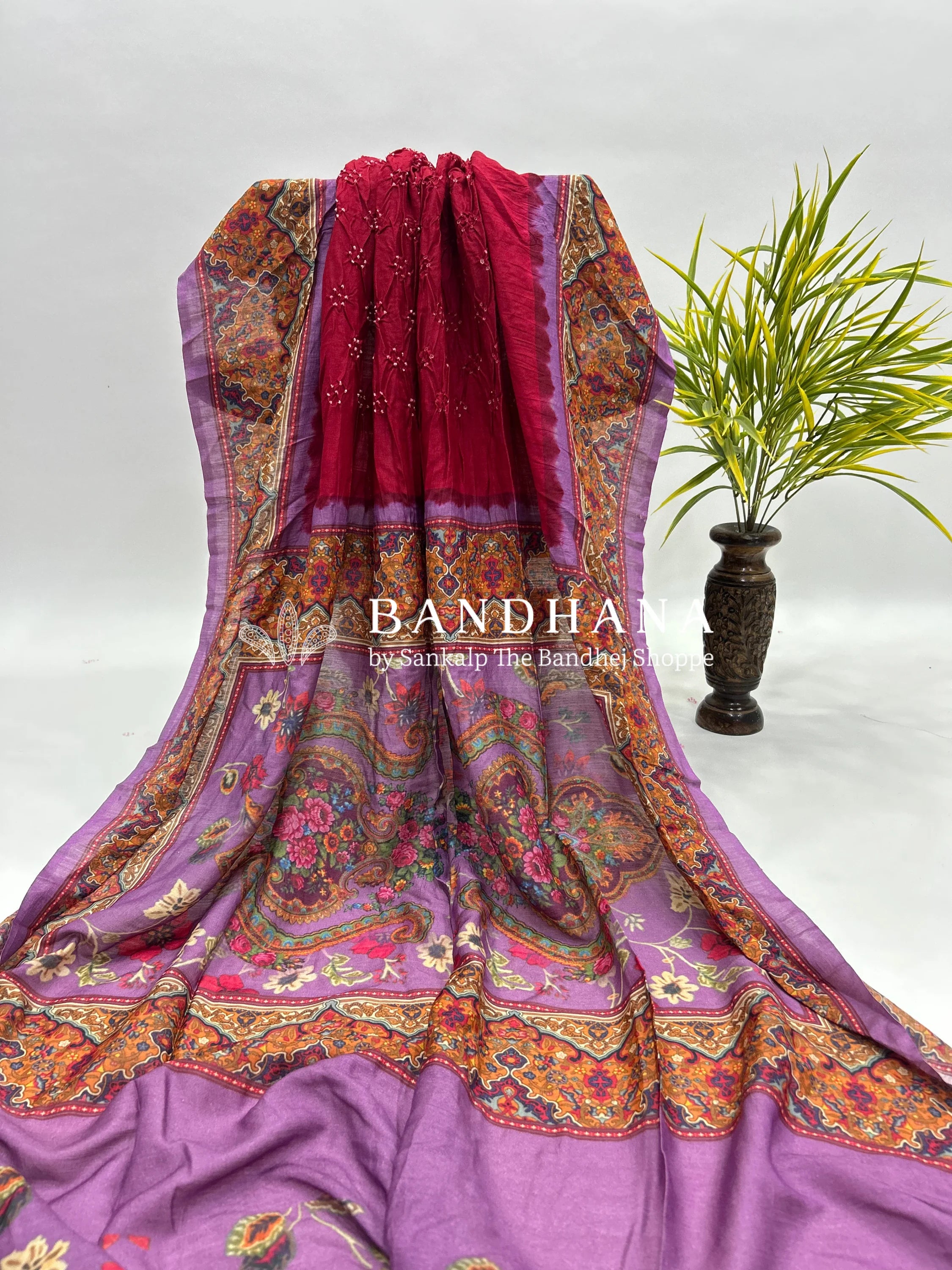 Maroon-Lavender Muga Silk Digital Kashmiri Print Bandhani Saree maroon / Muga Silk Sarees